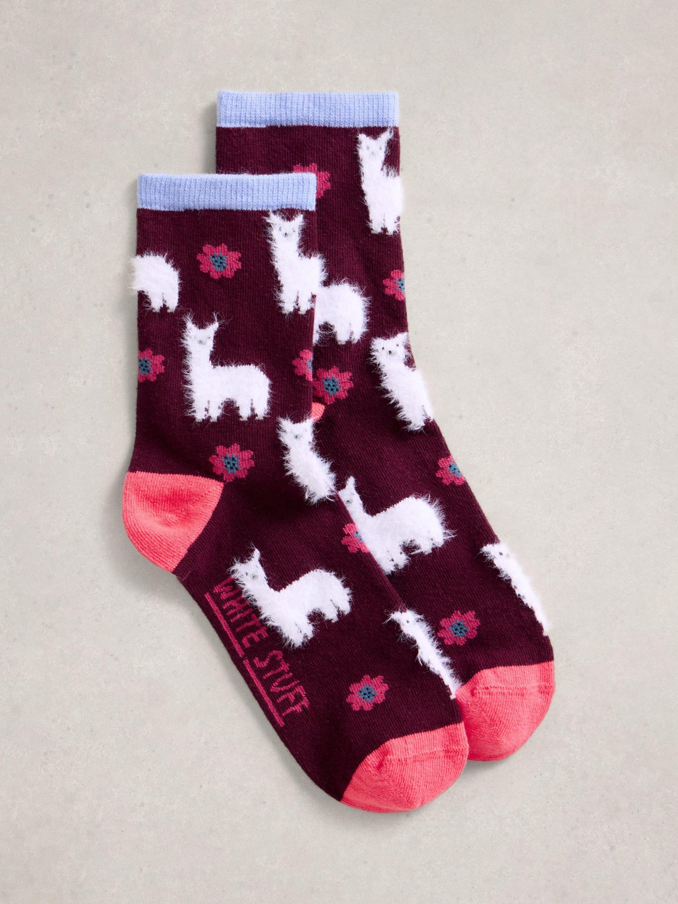 Product image 1 of 2, which shows White Stuff Fluffy Llama Ankle Socks, Dark Plum, 3-5.5