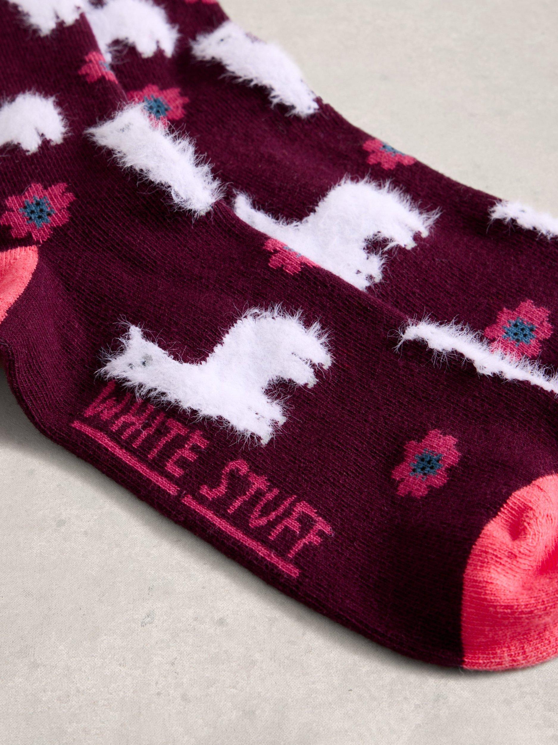 Product image 2 of 2, which shows White Stuff Fluffy Llama Ankle Socks, Dark Plum, 3-5.5