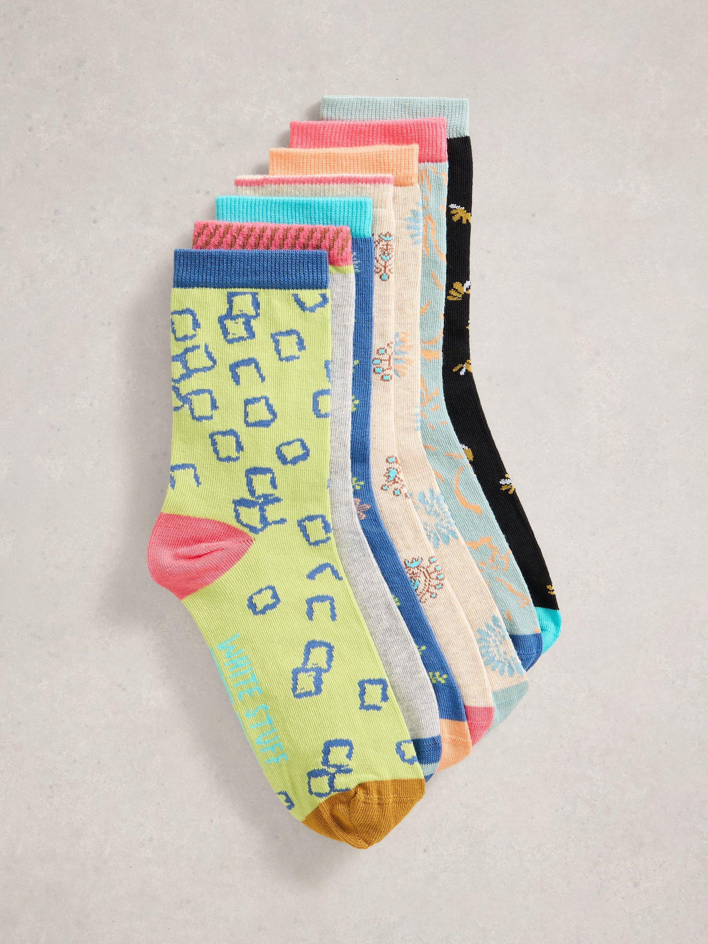 Product image 1 of 2, which shows White Stuff Printed Ankle Socks, Pack of 7, Blue/Multi, 3-5.5