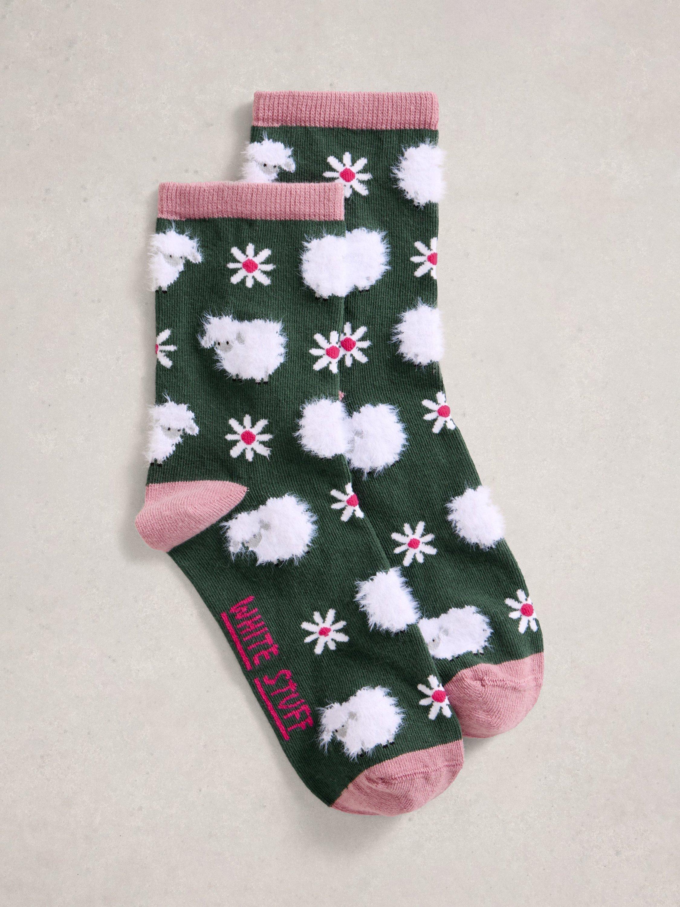 Product image 1 of 2, which shows White Stuff Sheep Fluffy Socks, Green/Multi, 3-5.5