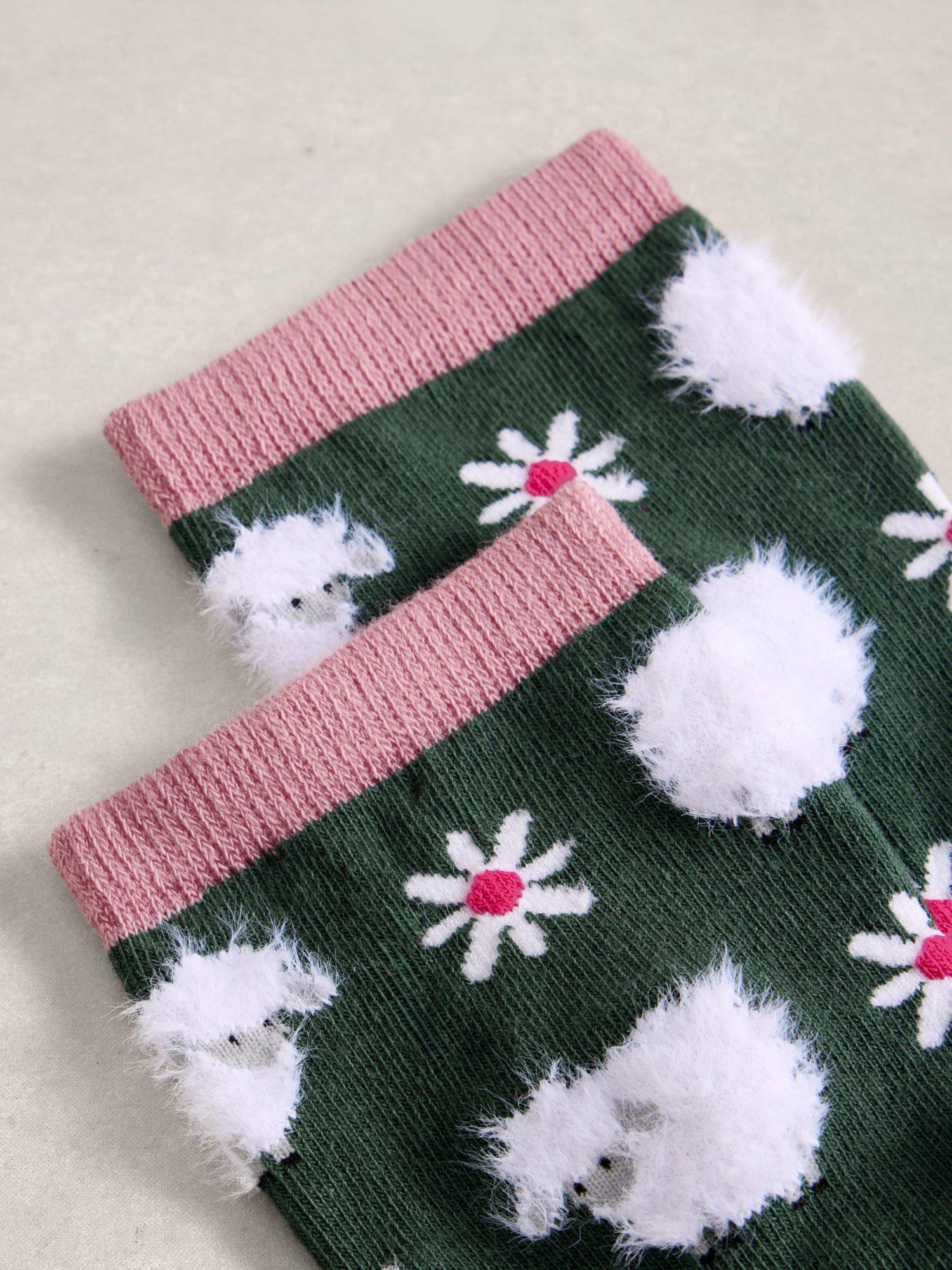 Product image 2 of 2, which shows White Stuff Sheep Fluffy Socks, Green/Multi, 3-5.5