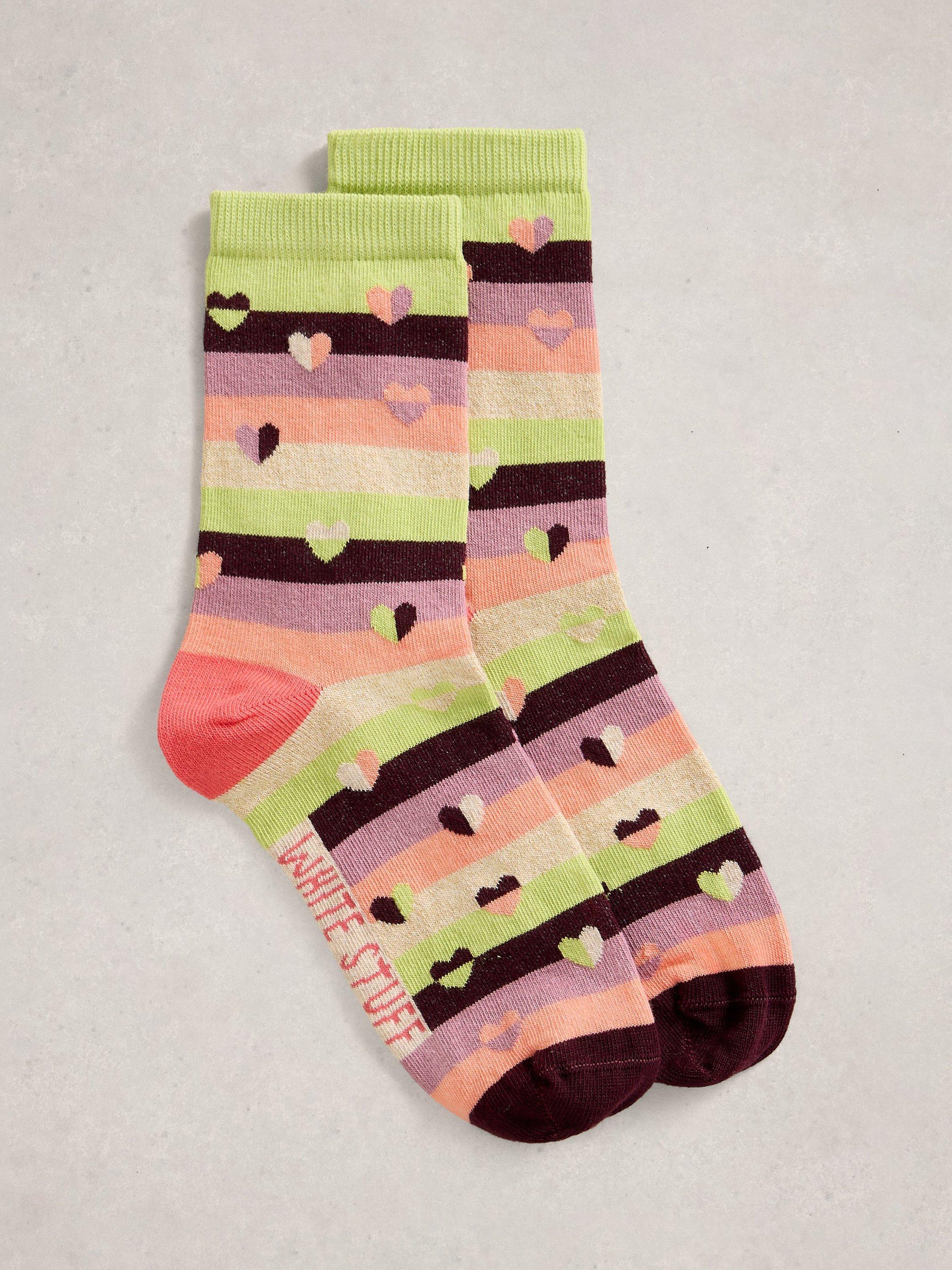 Product image 1 of 2, which shows White Stuff Heart and Stripe Ankle Socks, Green/Multi, 3-5.5