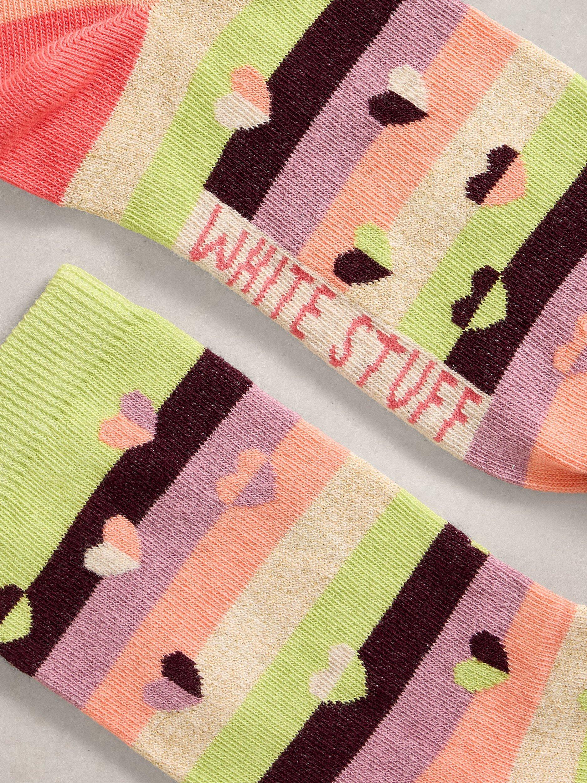 Product image 2 of 2, which shows White Stuff Heart and Stripe Ankle Socks, Green/Multi, 3-5.5