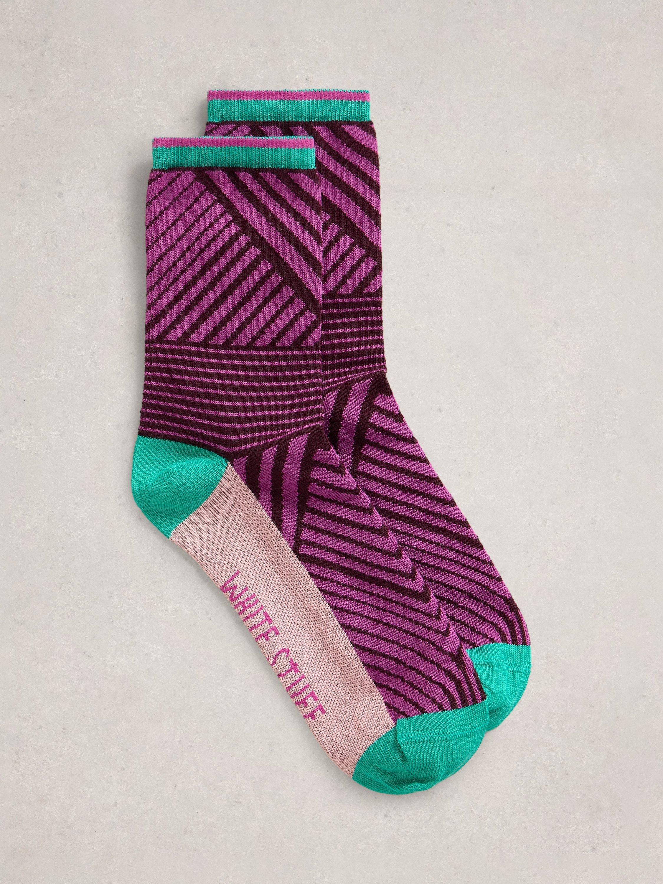 Product image 1 of 2, which shows White Stuff Geometric Ankle Socks, Purple/Multi, 3-5.5