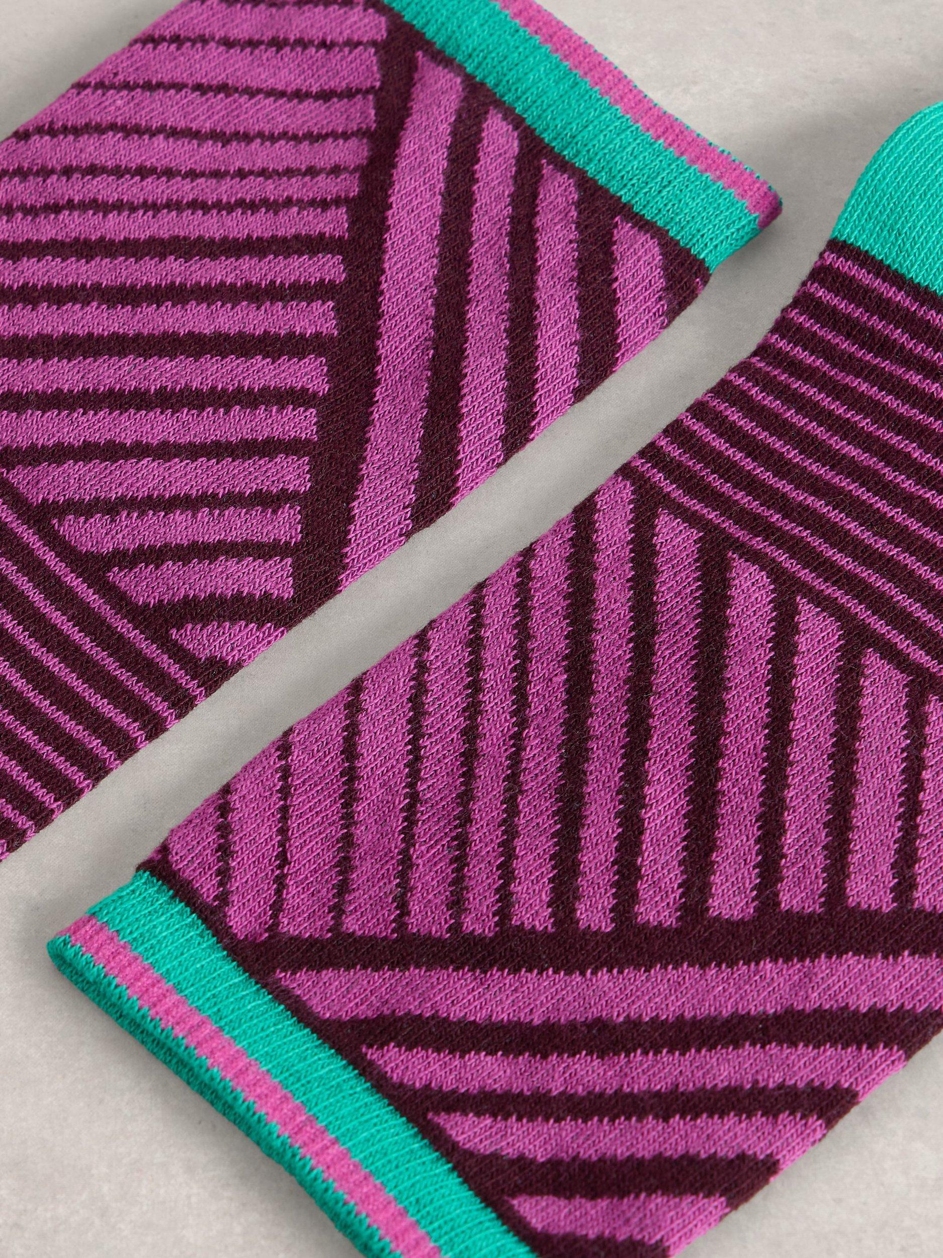 Product image 2 of 2, which shows White Stuff Geometric Ankle Socks, Purple/Multi, 3-5.5