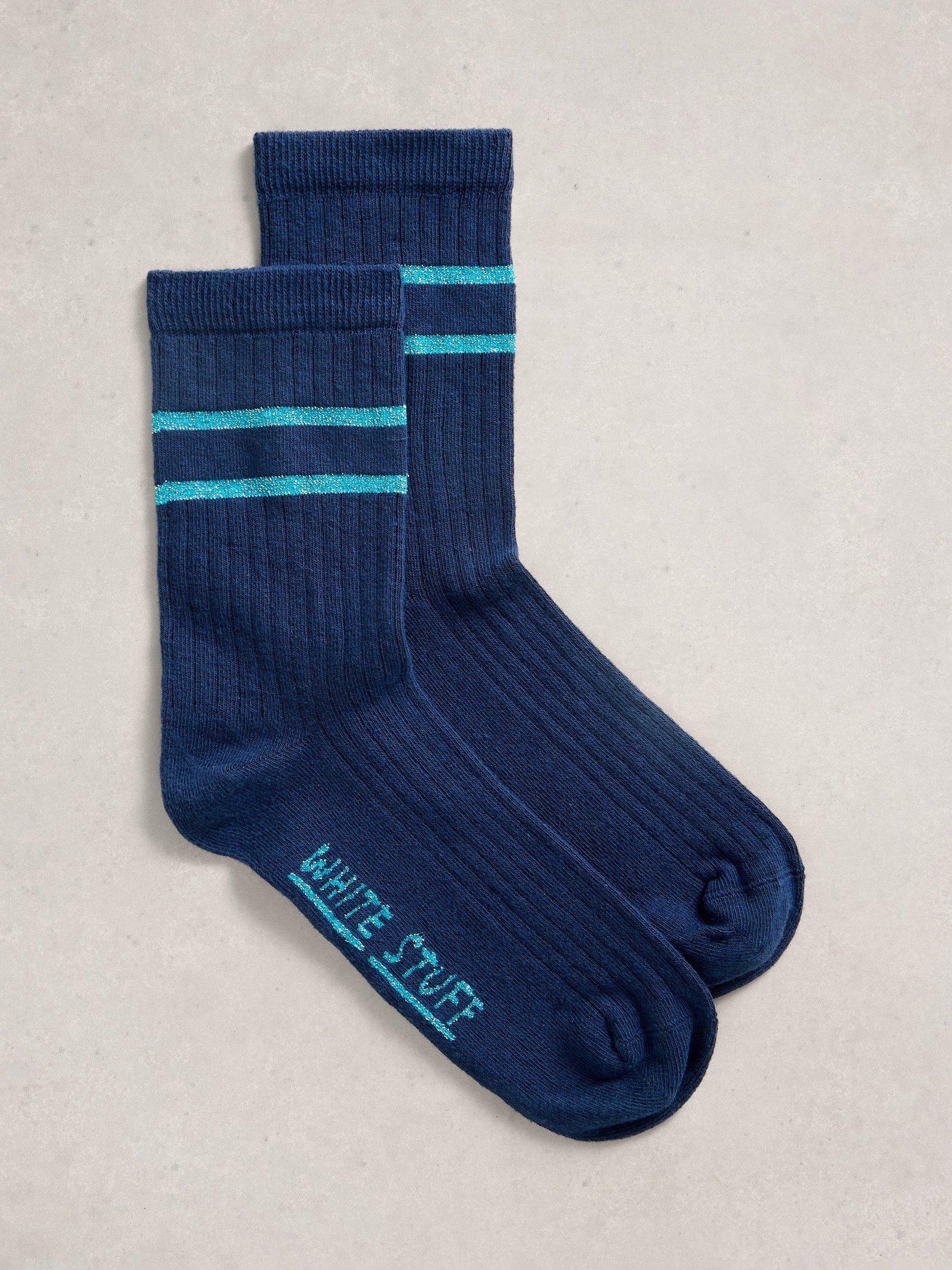 Product image 1 of 2, which shows White Stuff Textured Cotton Blend Crew Socks, Dark Navy, 3-5.5