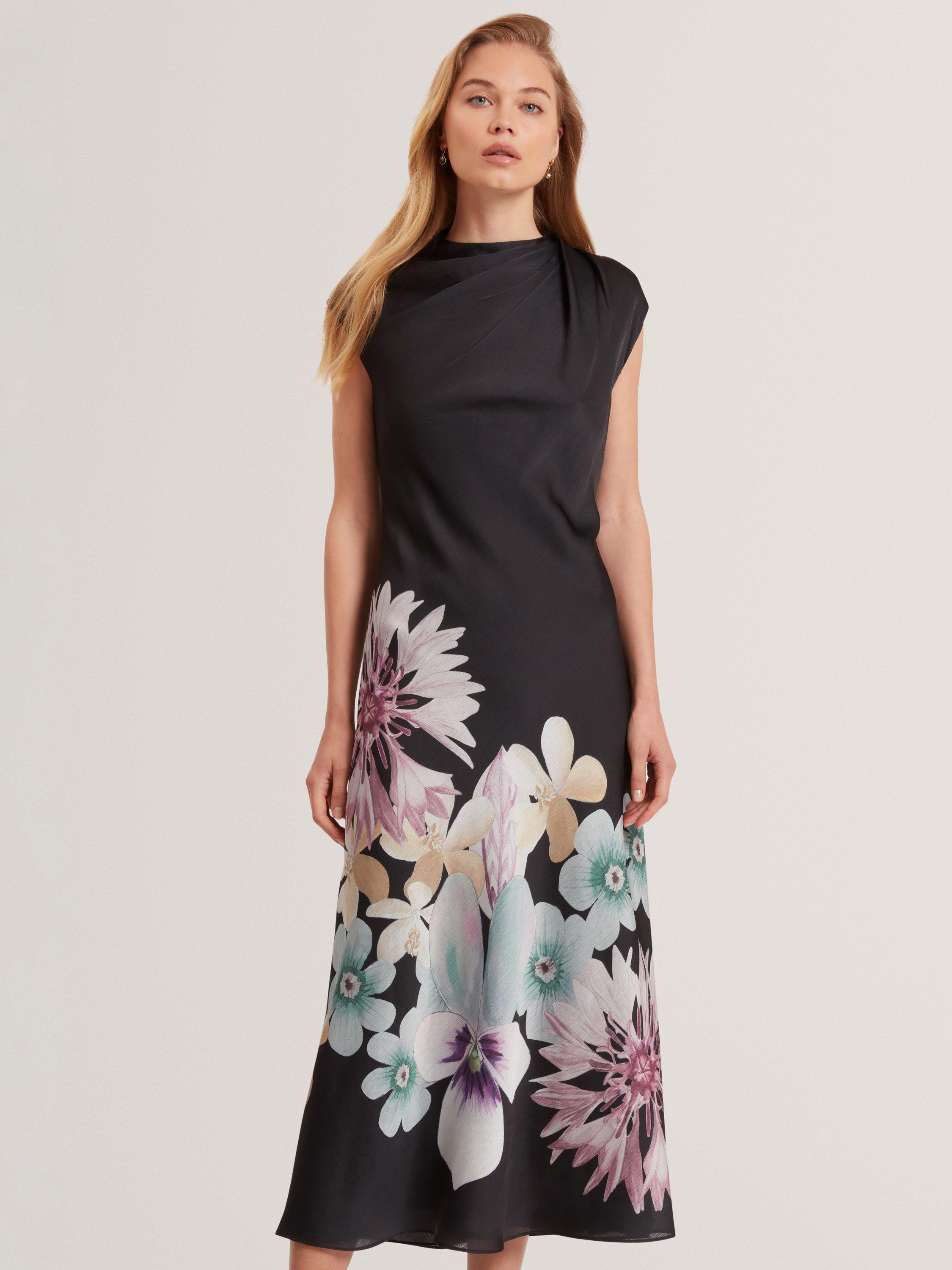 Ted Baker Demita Floral Draped Neck Midi Dress, Black/Multi