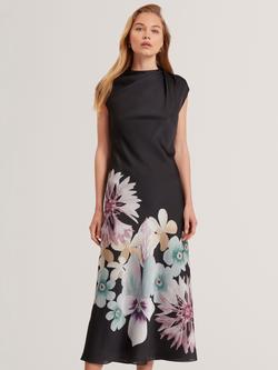 Ted Baker Demita Floral Draped Neck Midi Dress, Black/Multi, Black/Multi
