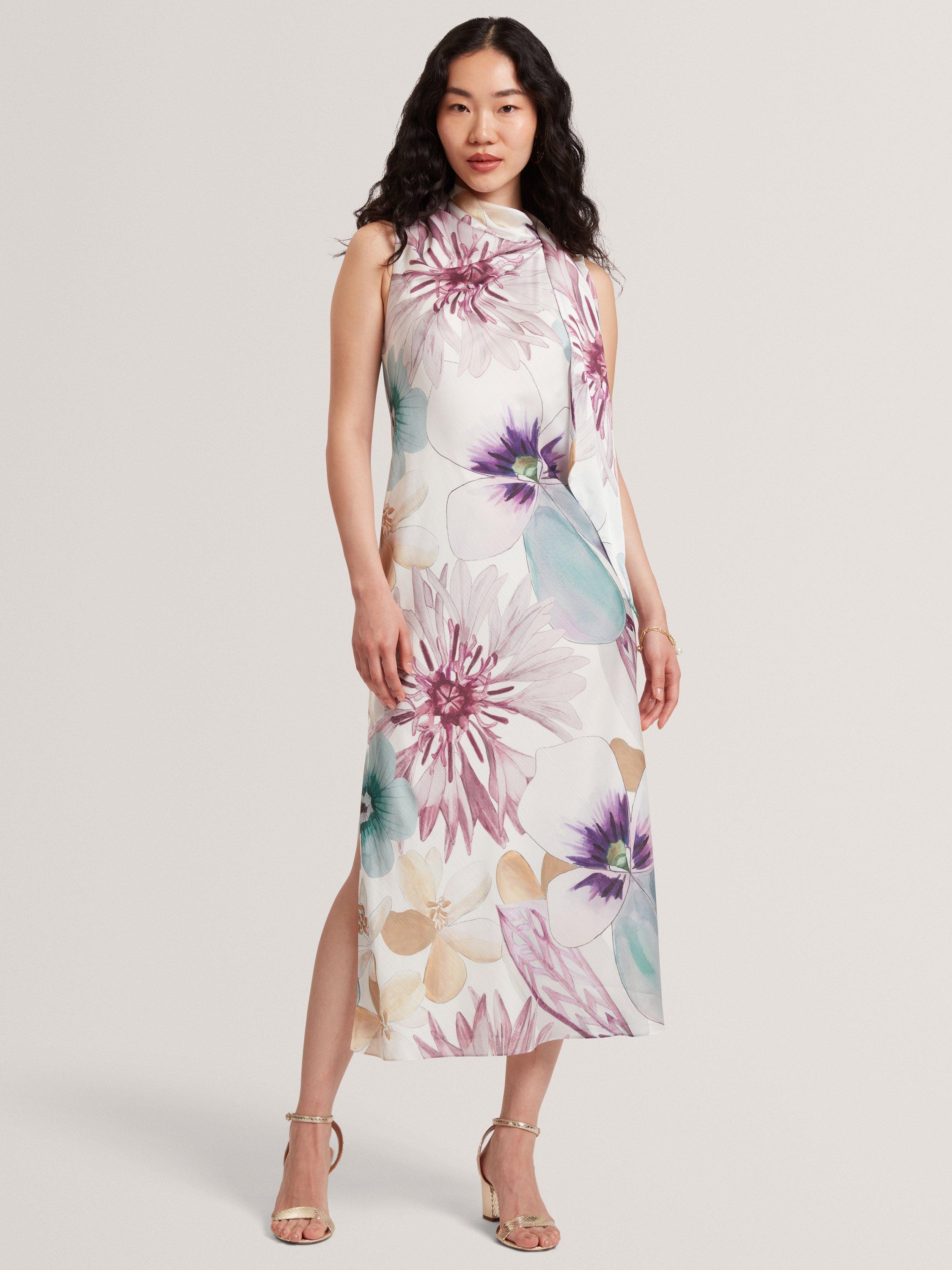 Product image 1 of 6, which shows Ted Baker Harrpur Floral Neck Tie Midi Dress, White/Multi, 8