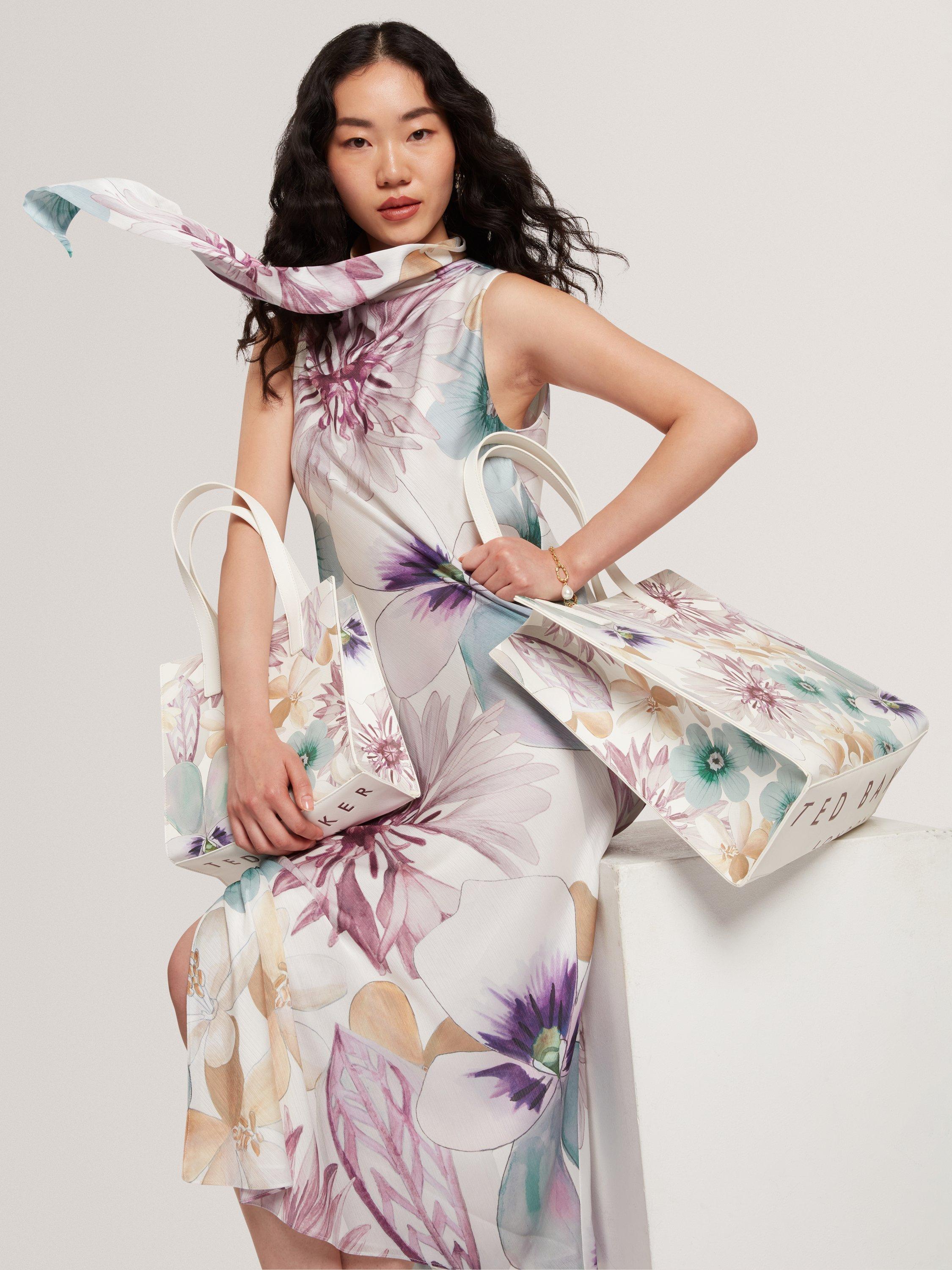 Product image 3 of 6, which shows Ted Baker Harrpur Floral Neck Tie Midi Dress, White/Multi, 8