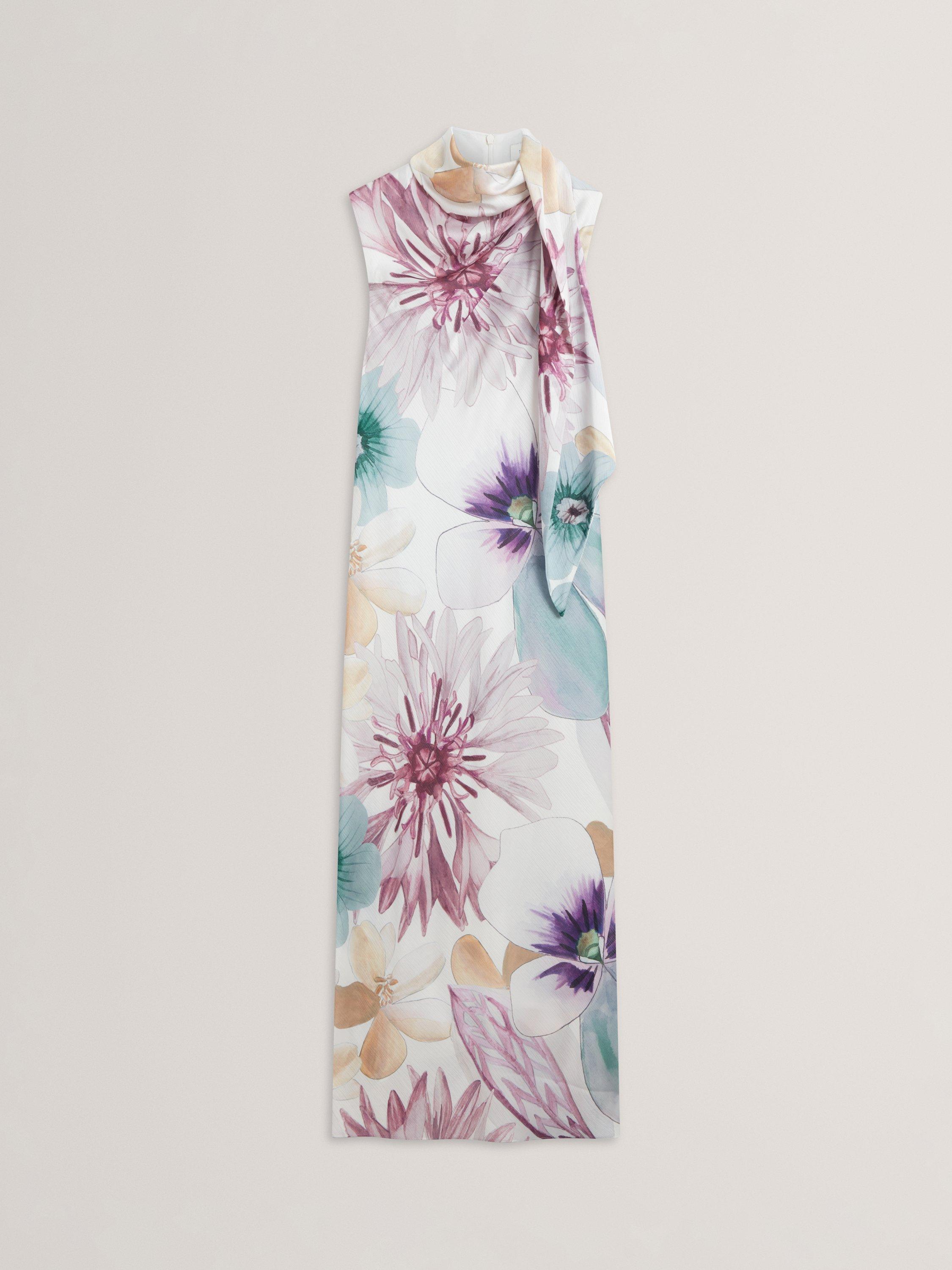 Product image 5 of 6, which shows Ted Baker Harrpur Floral Neck Tie Midi Dress, White/Multi, 8