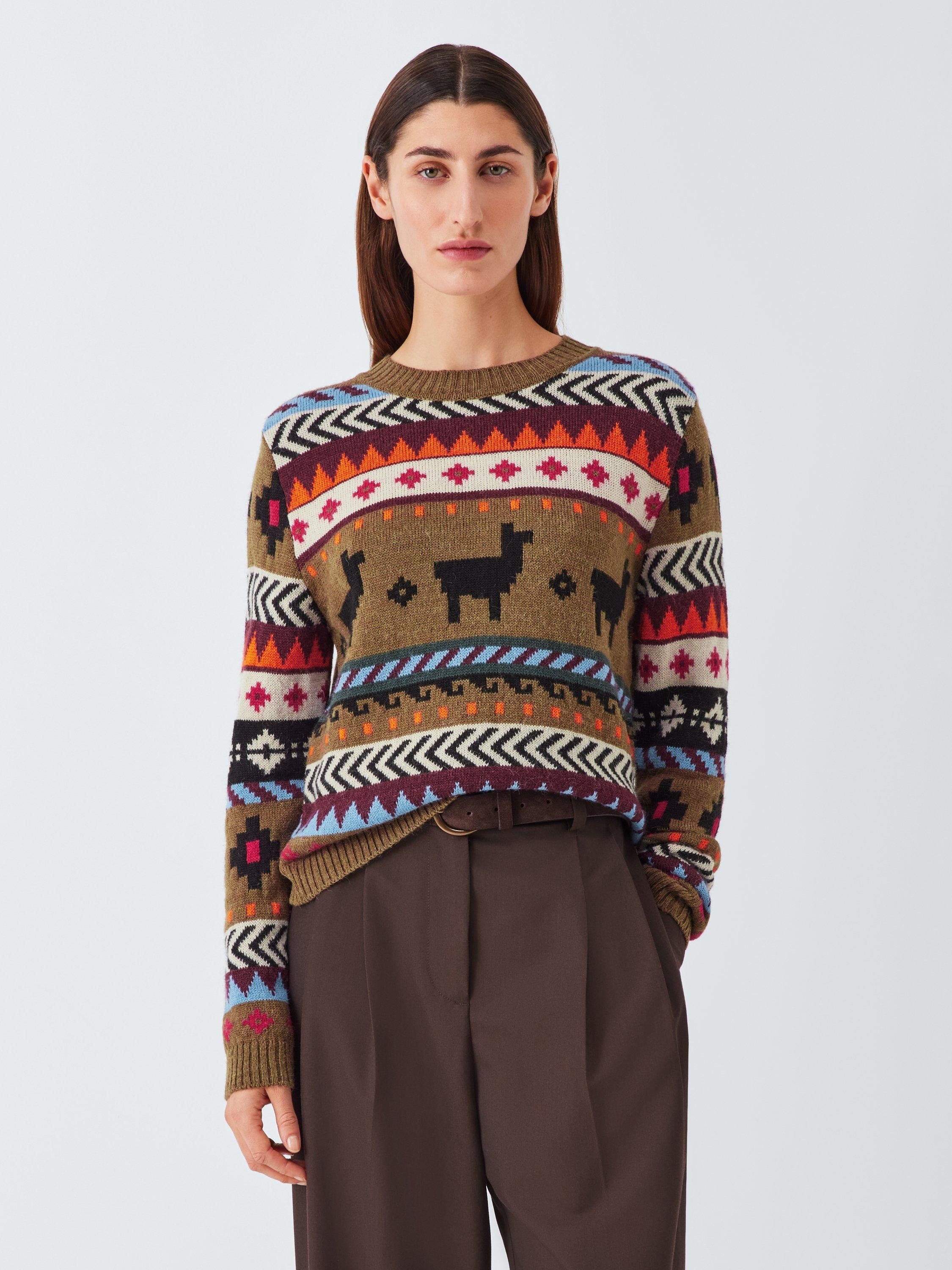 Product image 1 of 6, which shows Weekend MaxMara Quirite Fair Isle Wool Rich Jumper, Brown/Multi, XS