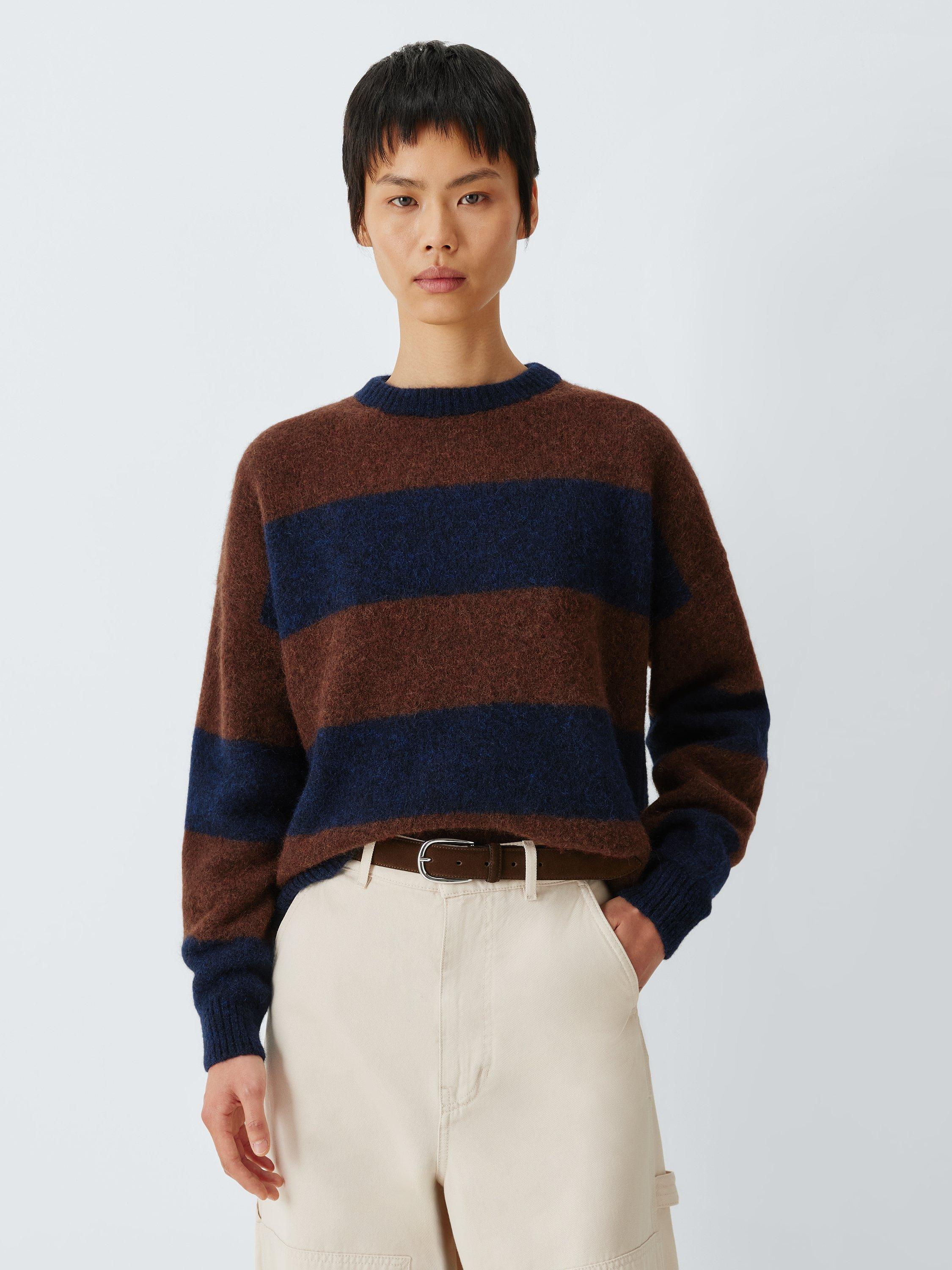Product image 1 of 6, which shows Weekend MaxMara Tuono Stripe Wool Rich Jumper, Navy/Brown, S