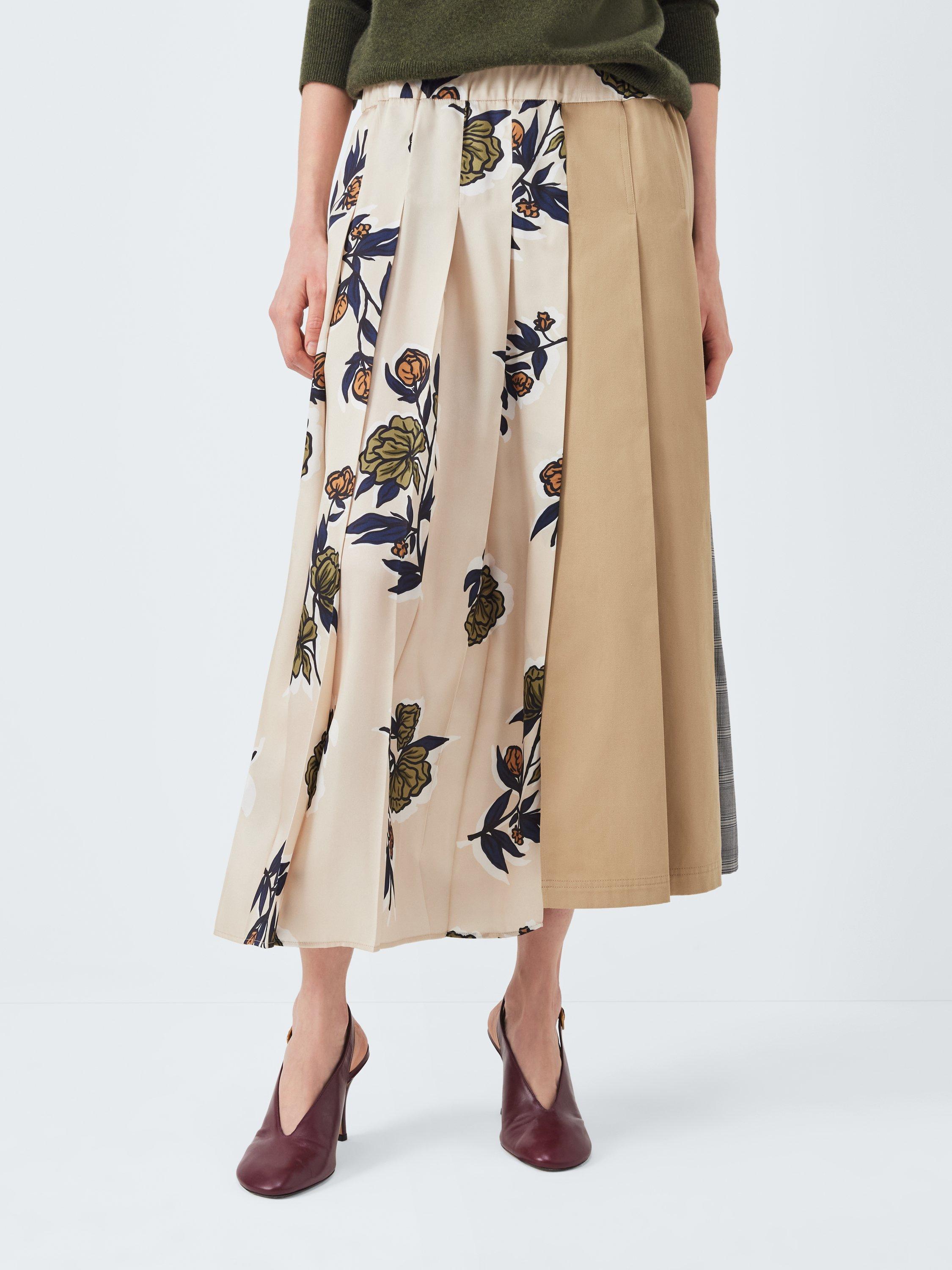 Product image 1 of 6, which shows Weekend MaxMara Etra Floral Plain Pleated Midi Skirt, Beige/Multi, 6