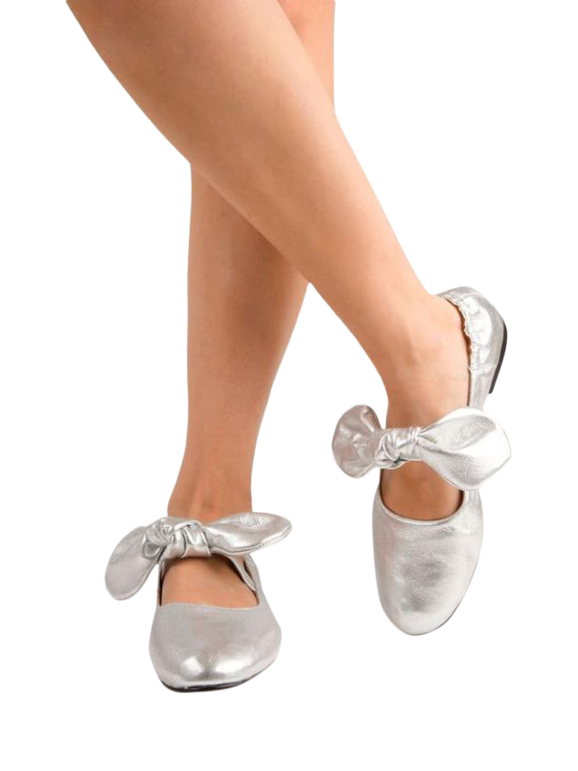 Product image 2 of 4, which shows Penelope Chilvers Minnie Knot Bow Leather Pumps, Silver, 4