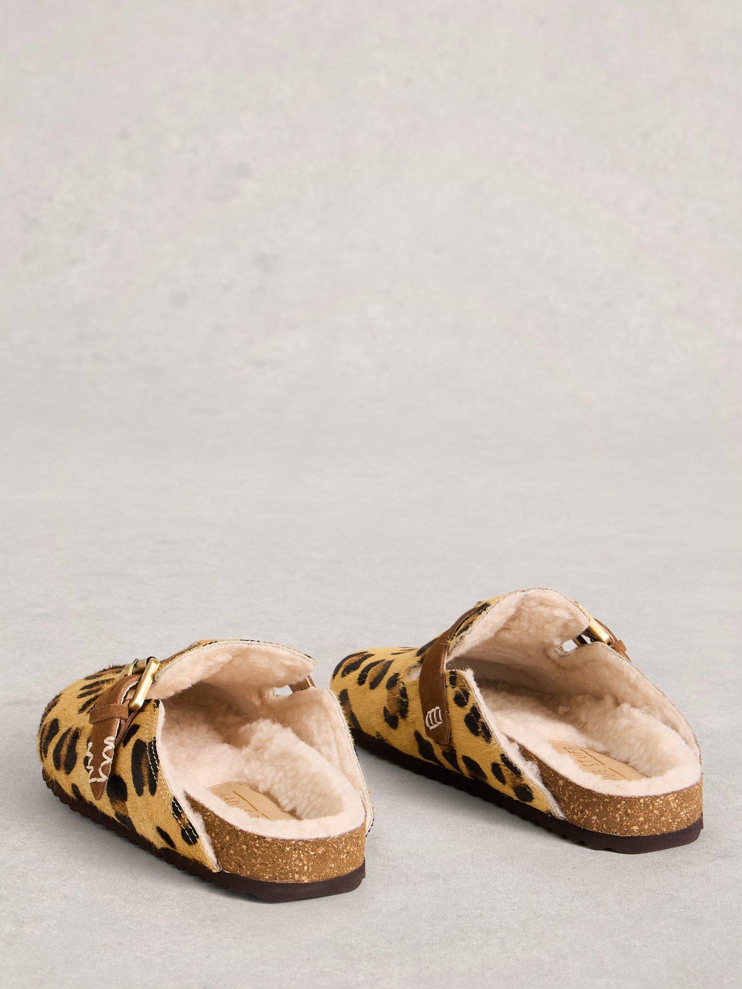 Product image 2 of 5, which shows White Stuff Myrtle Leather Leopard Footbed Clogs, Brown/Multi, 3