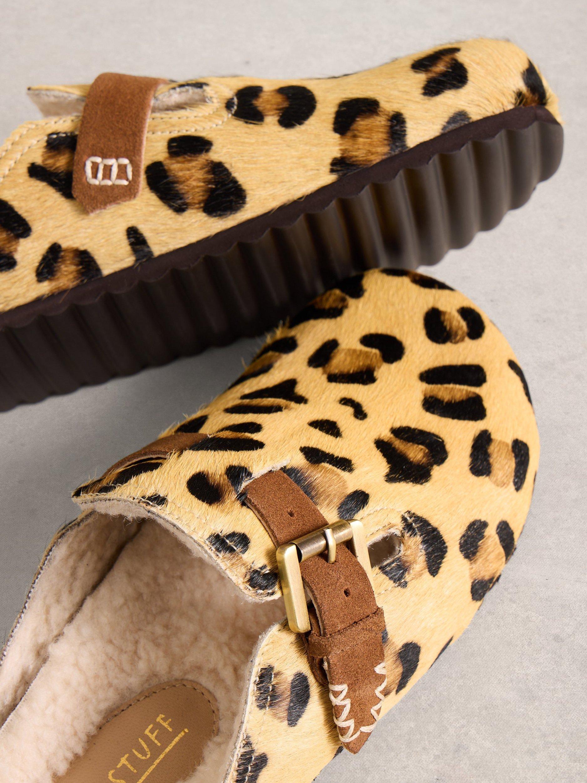 Product image 3 of 5, which shows White Stuff Myrtle Leather Leopard Footbed Clogs, Brown/Multi, 3