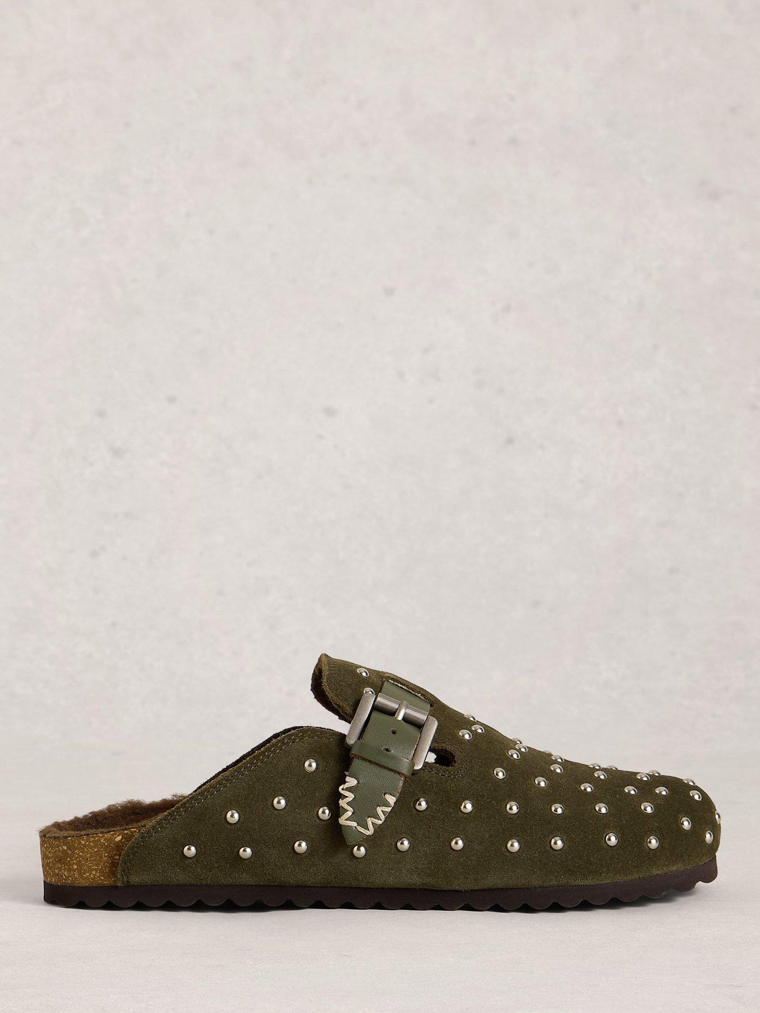 Product image 1 of 4, which shows White Stuff Myrtle Suede Stud Footbed Clogs, Khaki/Green, 3