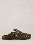White Stuff Myrtle Suede Stud Footbed Clogs, Khaki/Green