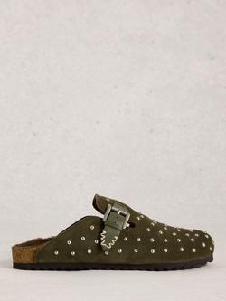 White Stuff Myrtle Suede Stud Footbed Clogs, Khaki/Green, Khaki/Green
