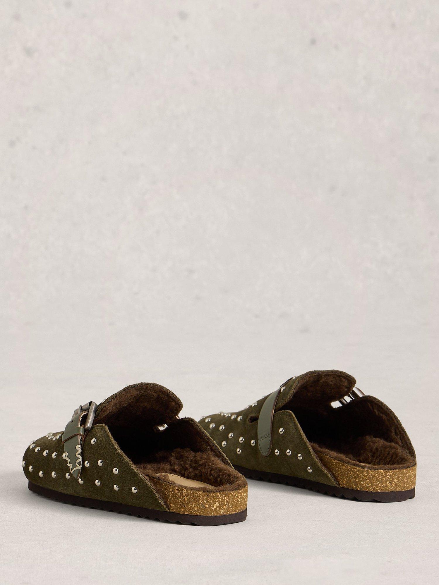 Product image 2 of 4, which shows White Stuff Myrtle Suede Stud Footbed Clogs, Khaki/Green, 3