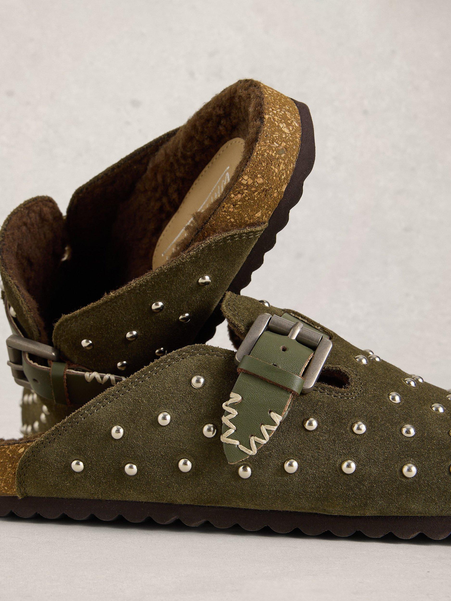Product image 3 of 4, which shows White Stuff Myrtle Suede Stud Footbed Clogs, Khaki/Green, 3