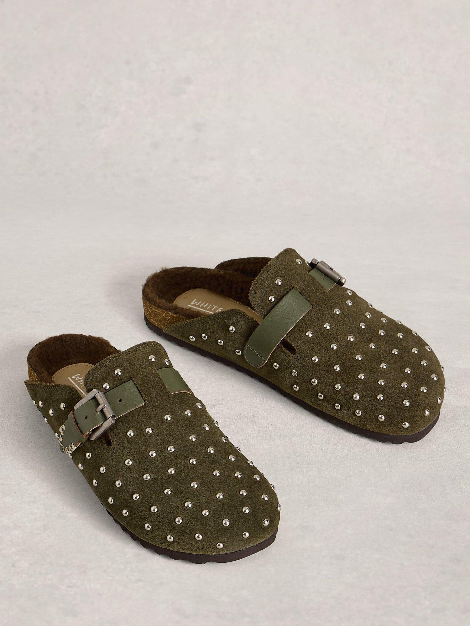Product image 4 of 4, which shows White Stuff Myrtle Suede Stud Footbed Clogs, Khaki/Green, 3