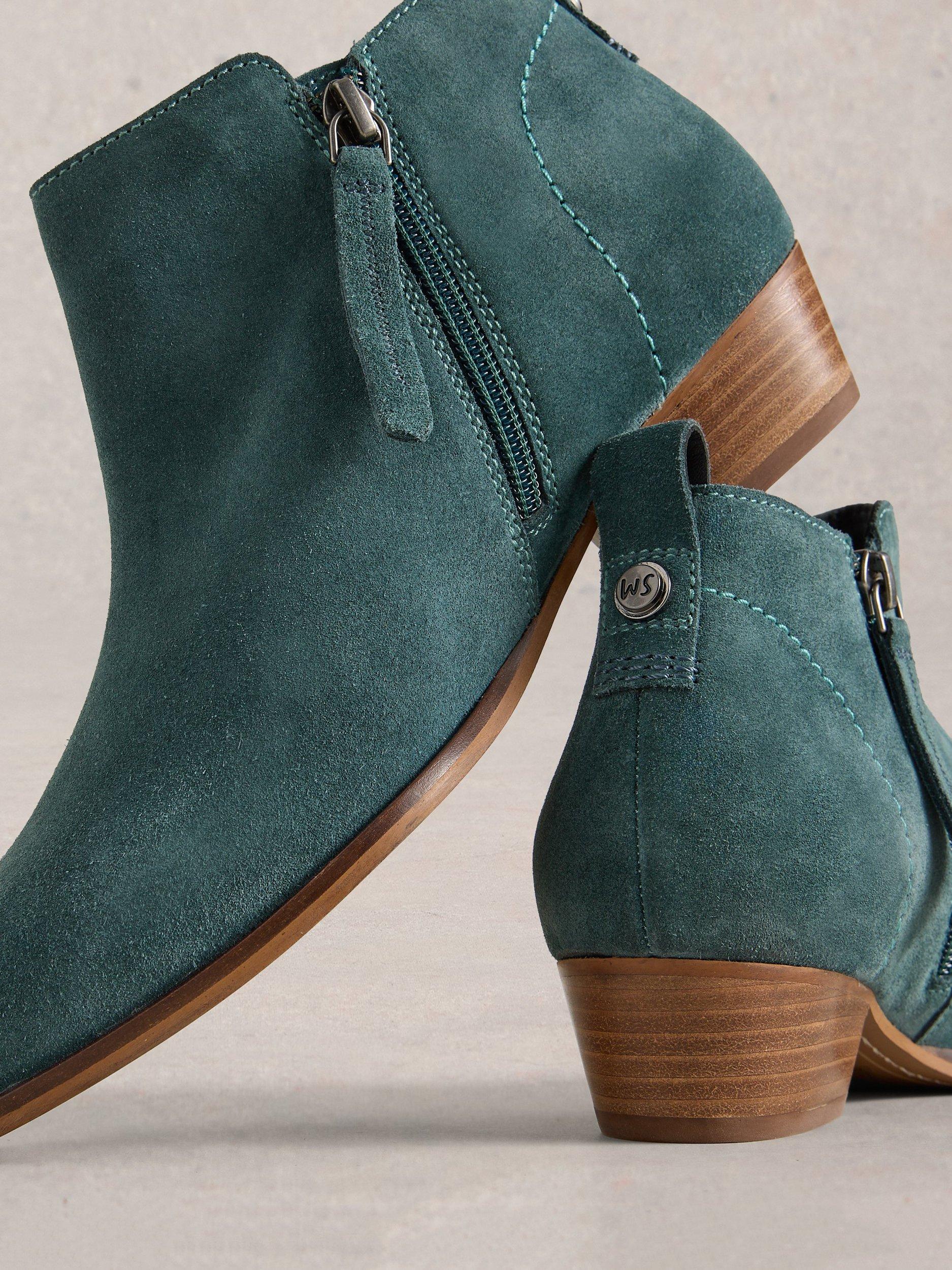Product image 3 of 4, which shows White Stuff Suede Almond Toe Block Heel Wide Ankle Boots, Mid Teal, 8