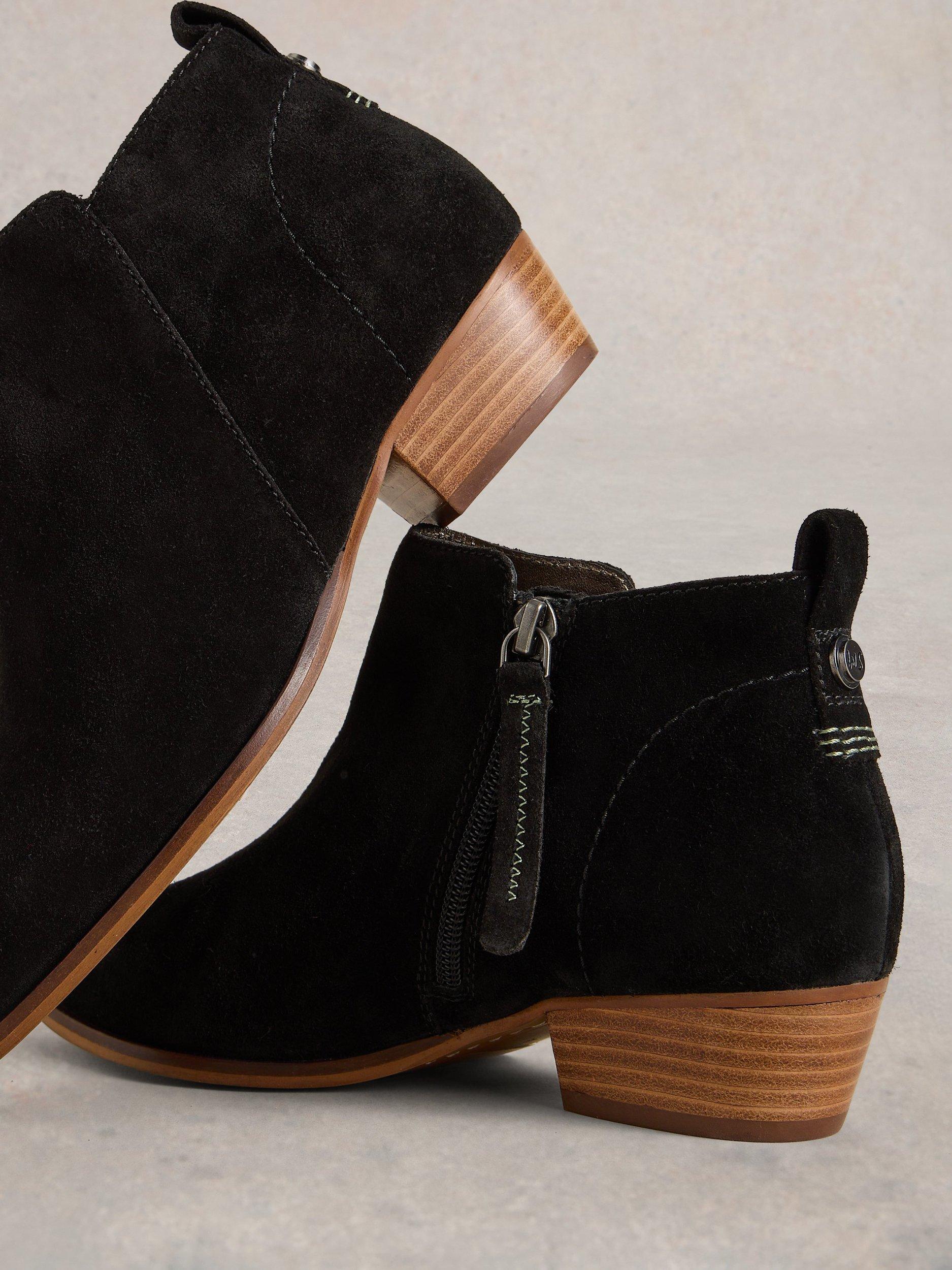 Product image 3 of 4, which shows White Stuff Willow Suede Almond Toe Block Heel Ankle Boots, Pure Black, 3