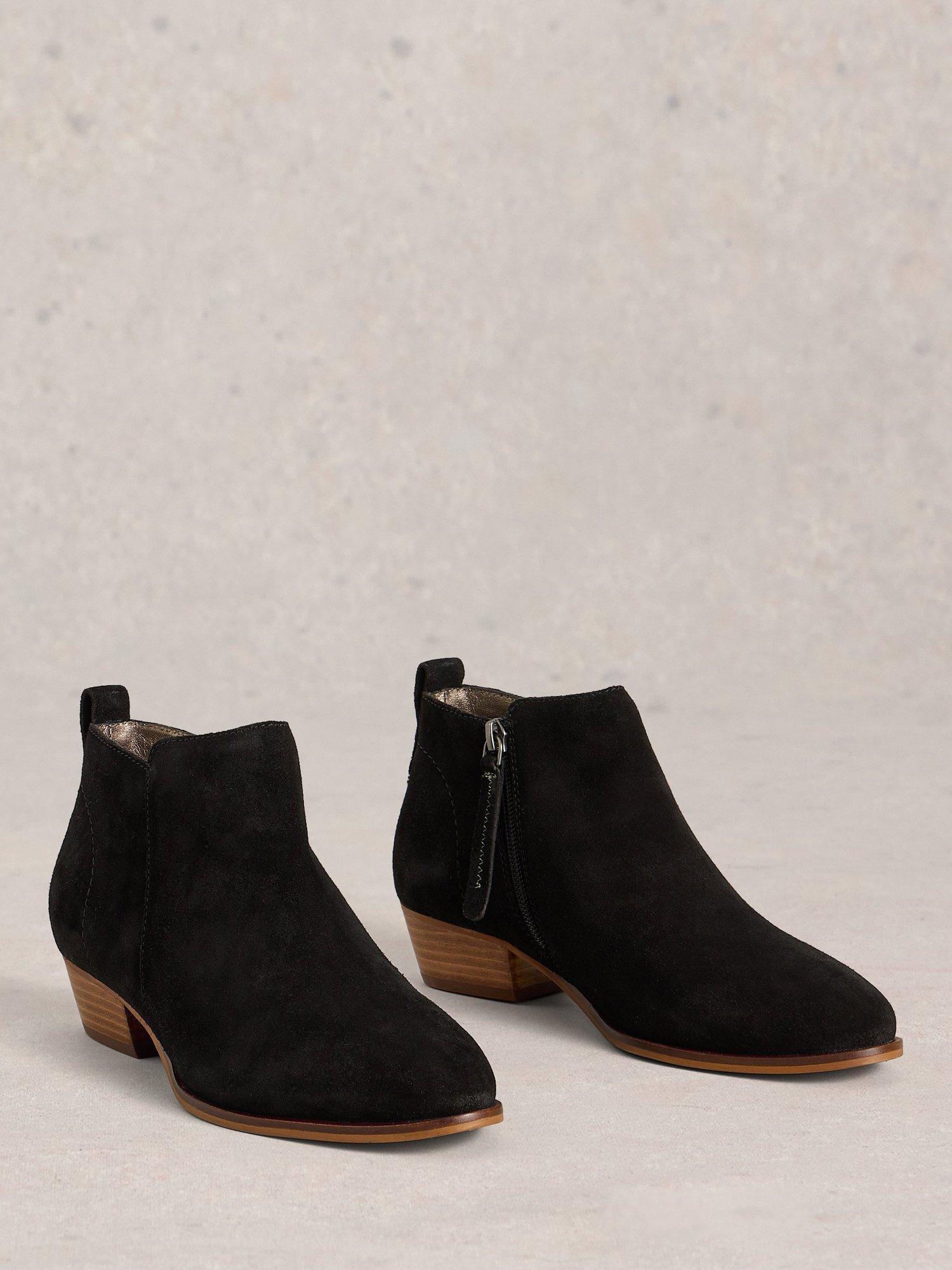 Product image 4 of 4, which shows White Stuff Willow Suede Almond Toe Block Heel Ankle Boots, Pure Black, 3