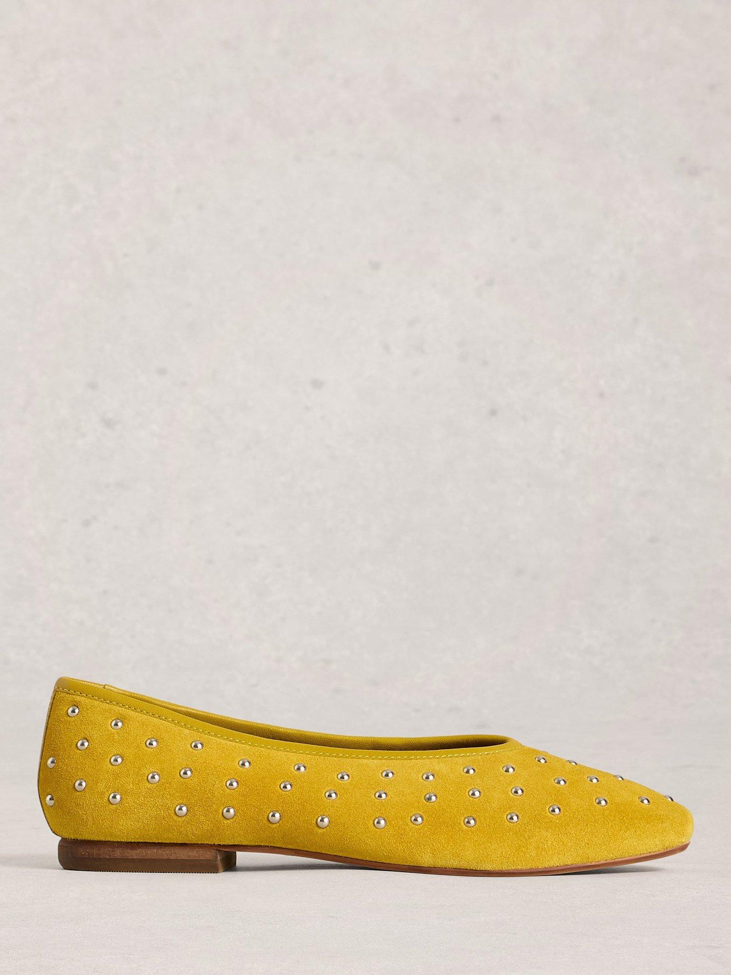 Product image 1 of 4, which shows White Stuff Boho Suede Stud Ballerina Pumps, Dk Chartreuse, 3