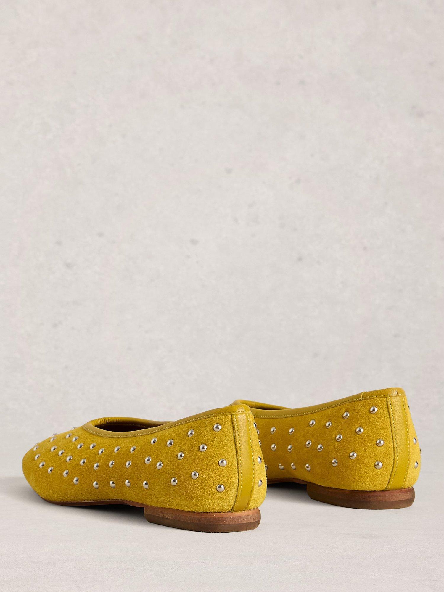 Product image 2 of 4, which shows White Stuff Boho Suede Stud Ballerina Pumps, Dk Chartreuse, 3