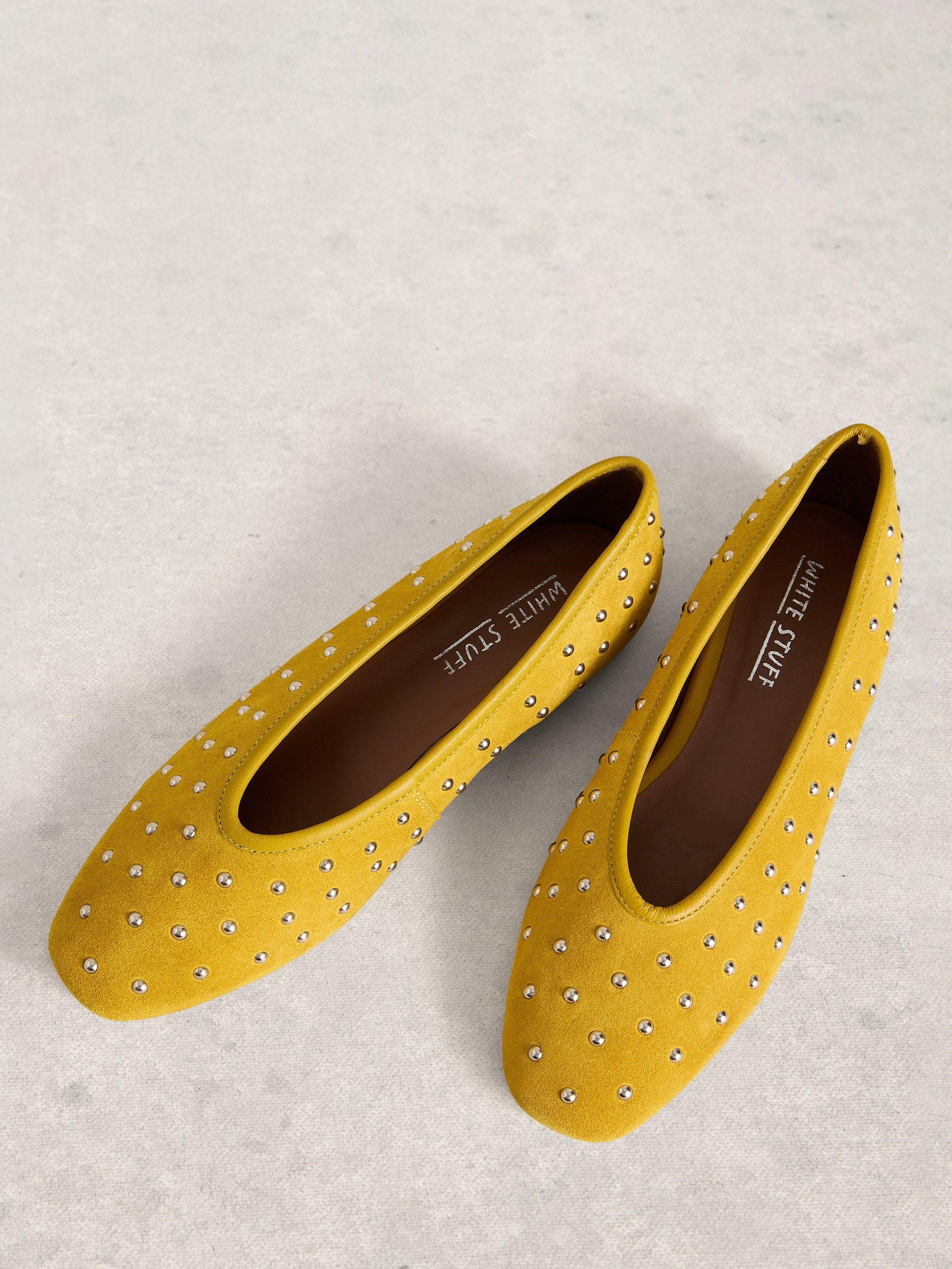 Product image 3 of 4, which shows White Stuff Boho Suede Stud Ballerina Pumps, Dk Chartreuse, 3