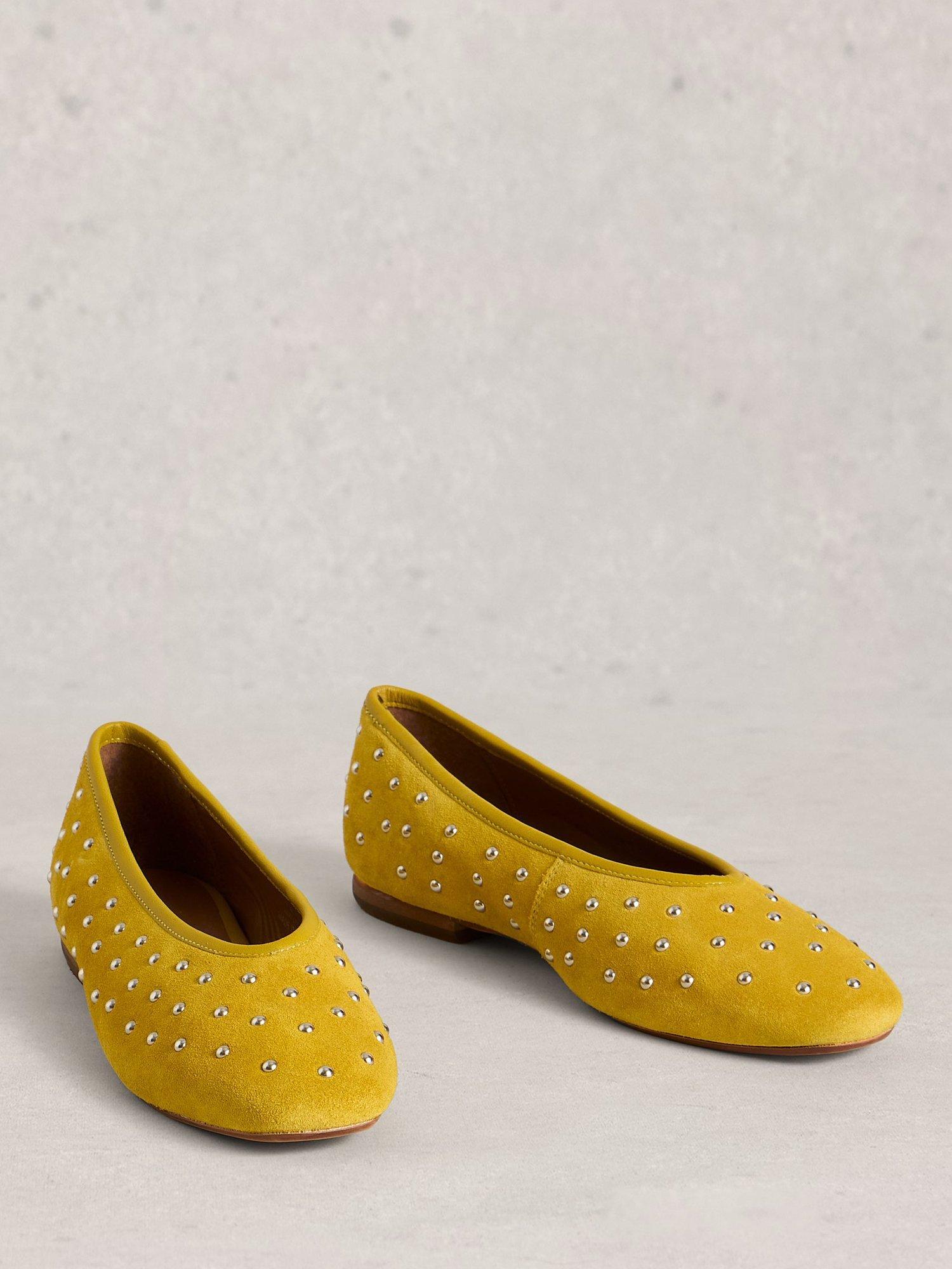 Product image 4 of 4, which shows White Stuff Boho Suede Stud Ballerina Pumps, Dk Chartreuse, 3
