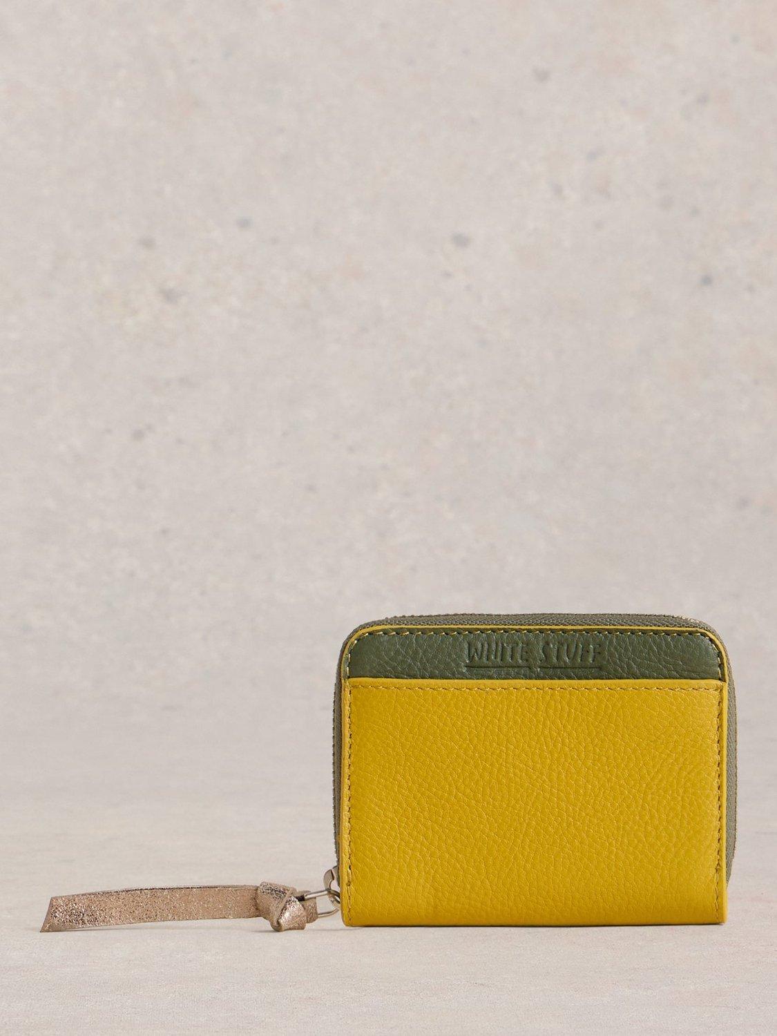 Product image 1 of 4, which shows White Stuff Cerys Leather Zip-Around Purse, Yellow/Multi