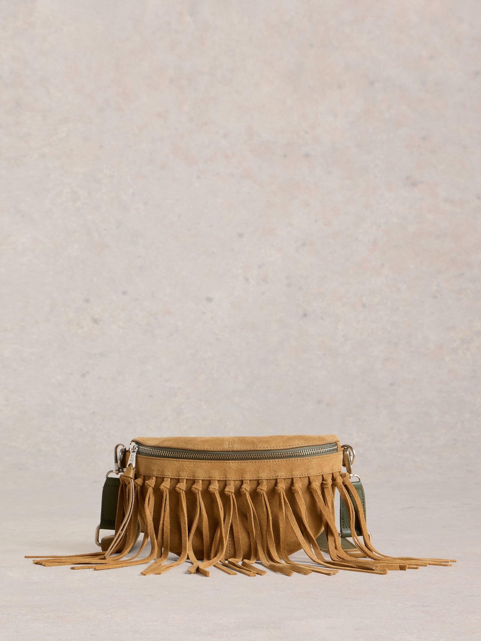 Product image 1 of 4, which shows White Stuff Leather Fringe Mini Crossbody Bag, Light Tan