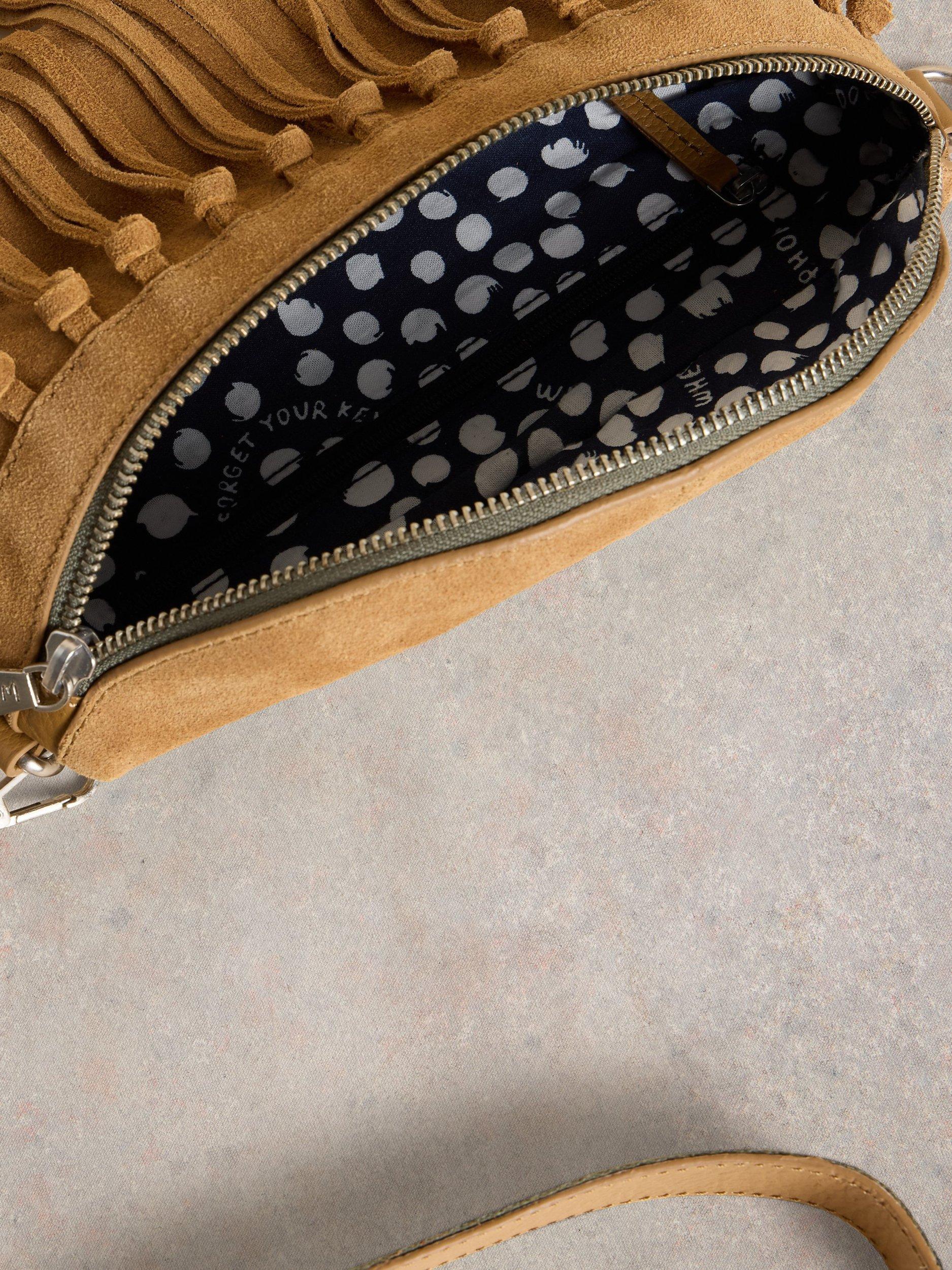 Product image 3 of 4, which shows White Stuff Leather Fringe Mini Crossbody Bag, Light Tan