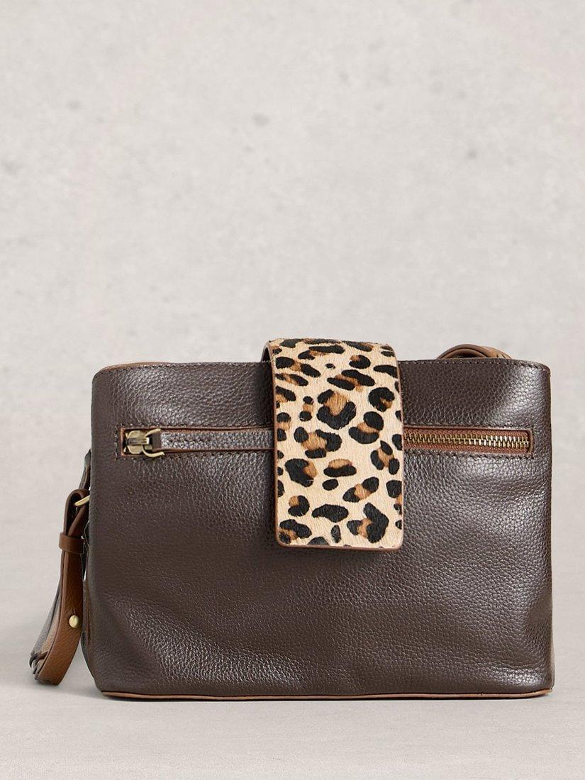 Product image 1 of 4, which shows White Stuff Tabby Animal Print Closure Leather Cross Body Bag, Brown/Multi, One Size