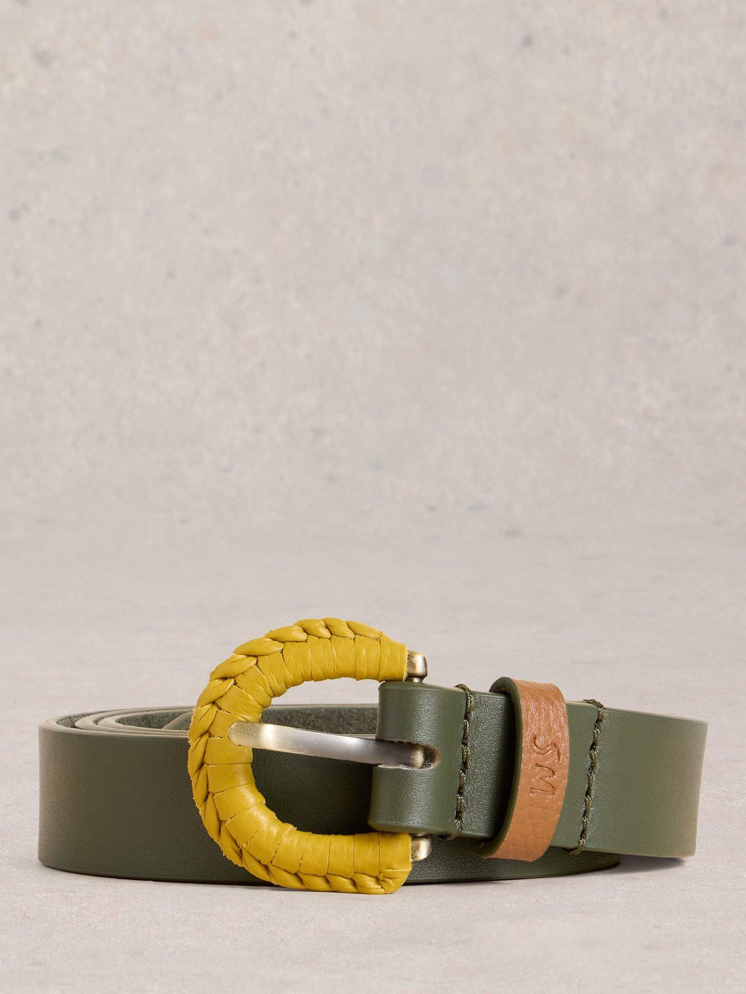 White Stuff Colour Block Leather Belt, Khaki Green