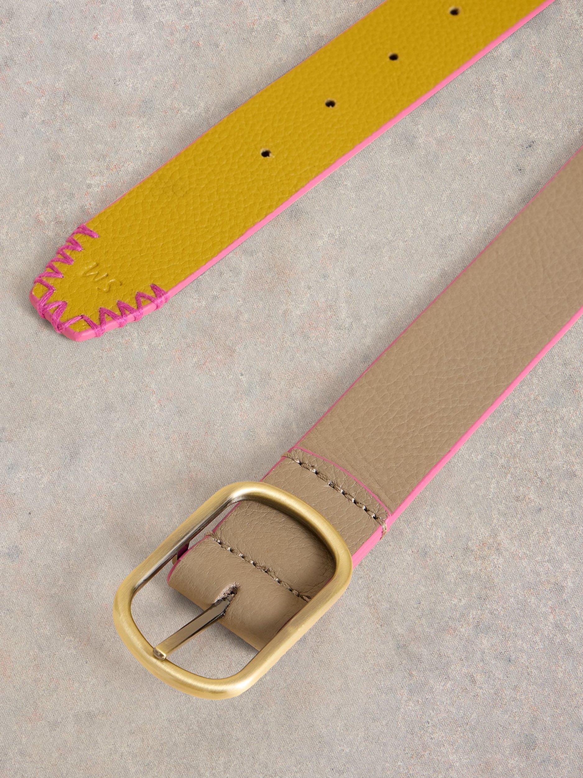 Product image 3 of 3, which shows White Stuff Reversible Leather Belt, Yellow/Multi, S-M