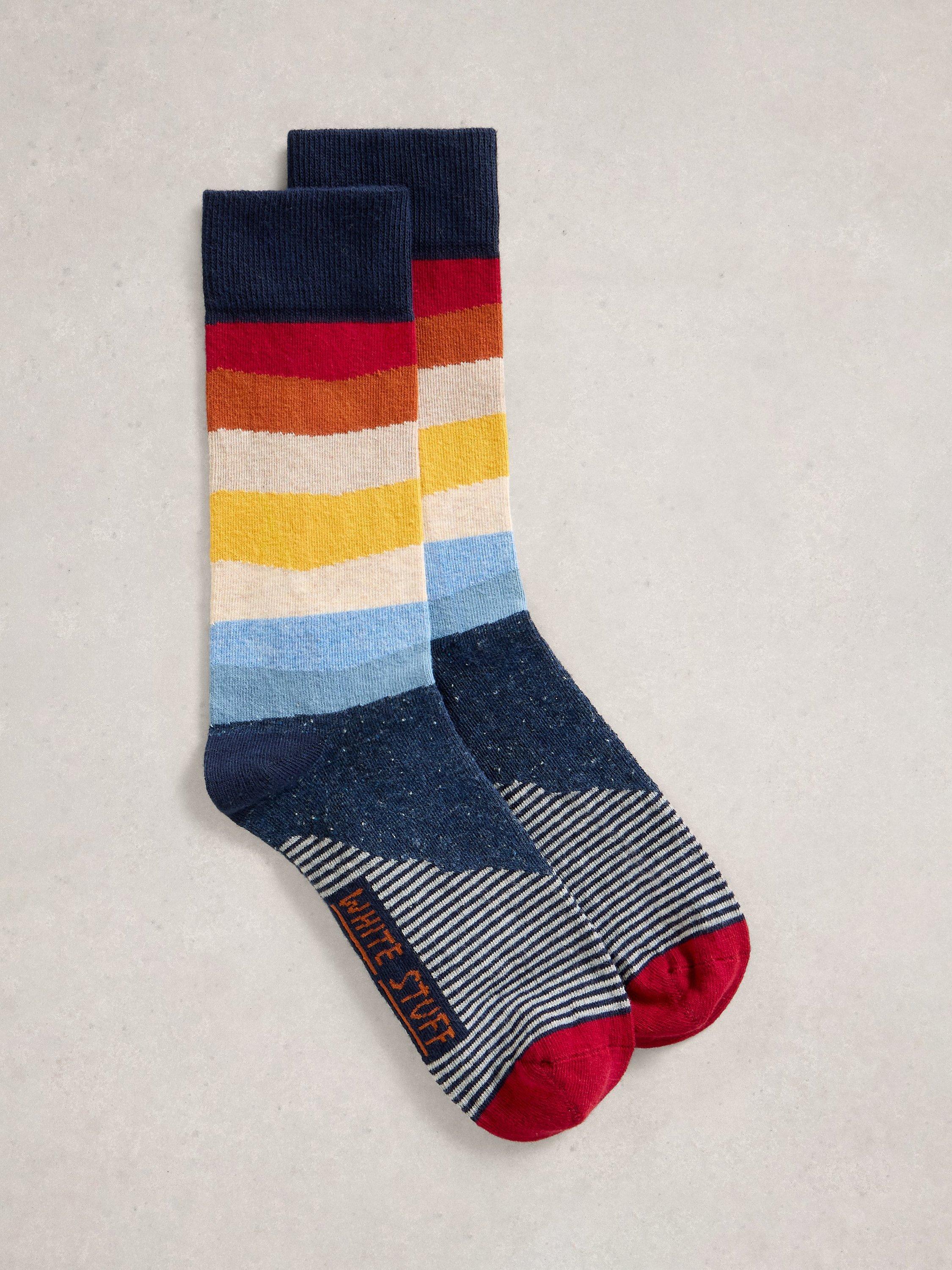 Product image 1 of 2, which shows White Stuff Stripe Cotton Blend Socks, Blue/Multi, 7-8.5