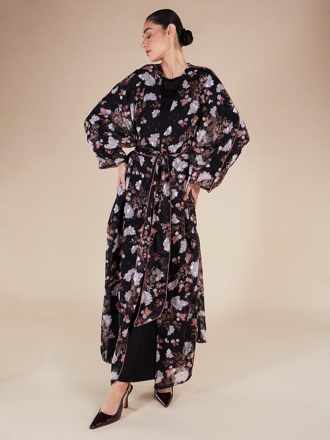 Product image 1 of 5, which shows Aab Floral Belted Kimono, Black/Multi, S Reg