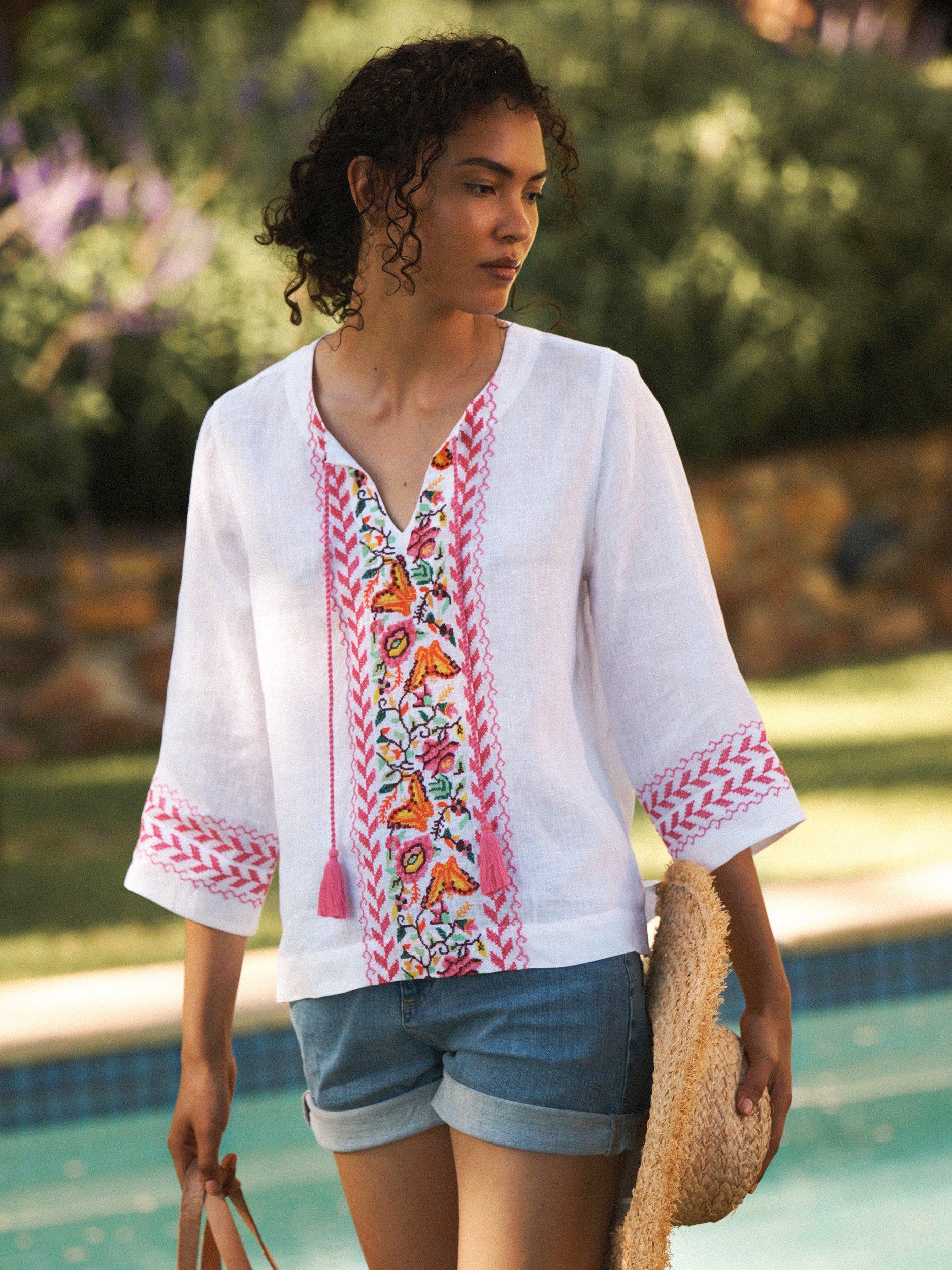 Product image 1 of 8, which shows NRBY Marcella Embroidered Linen Top, White, XS