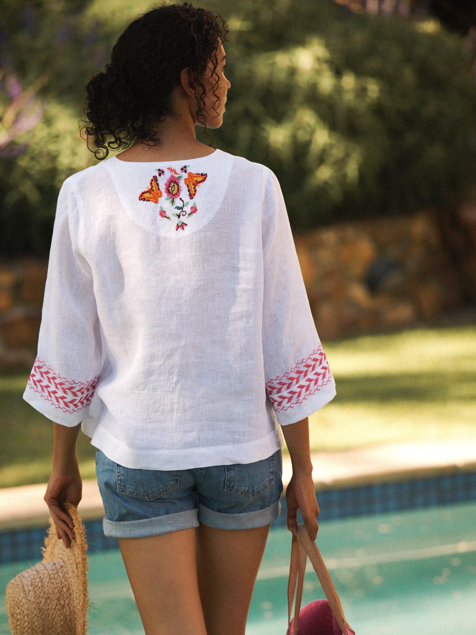 Product image 2 of 8, which shows NRBY Marcella Embroidered Linen Top, White, XS