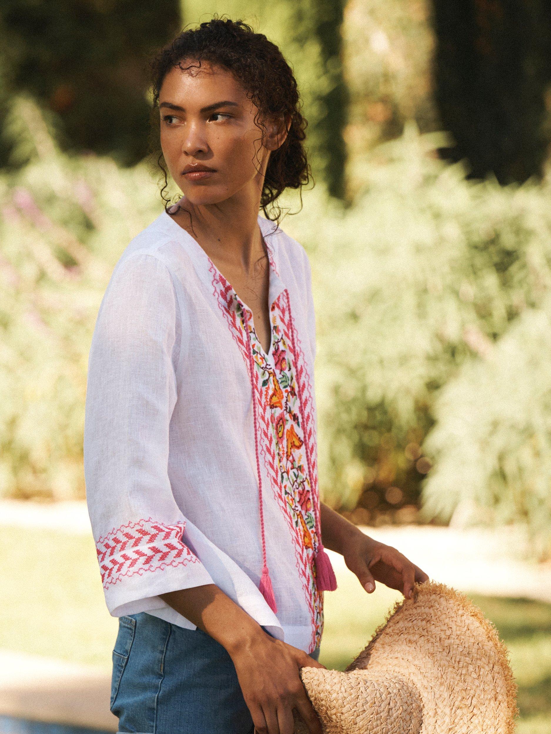 Product image 4 of 8, which shows NRBY Marcella Embroidered Linen Top, White, XS