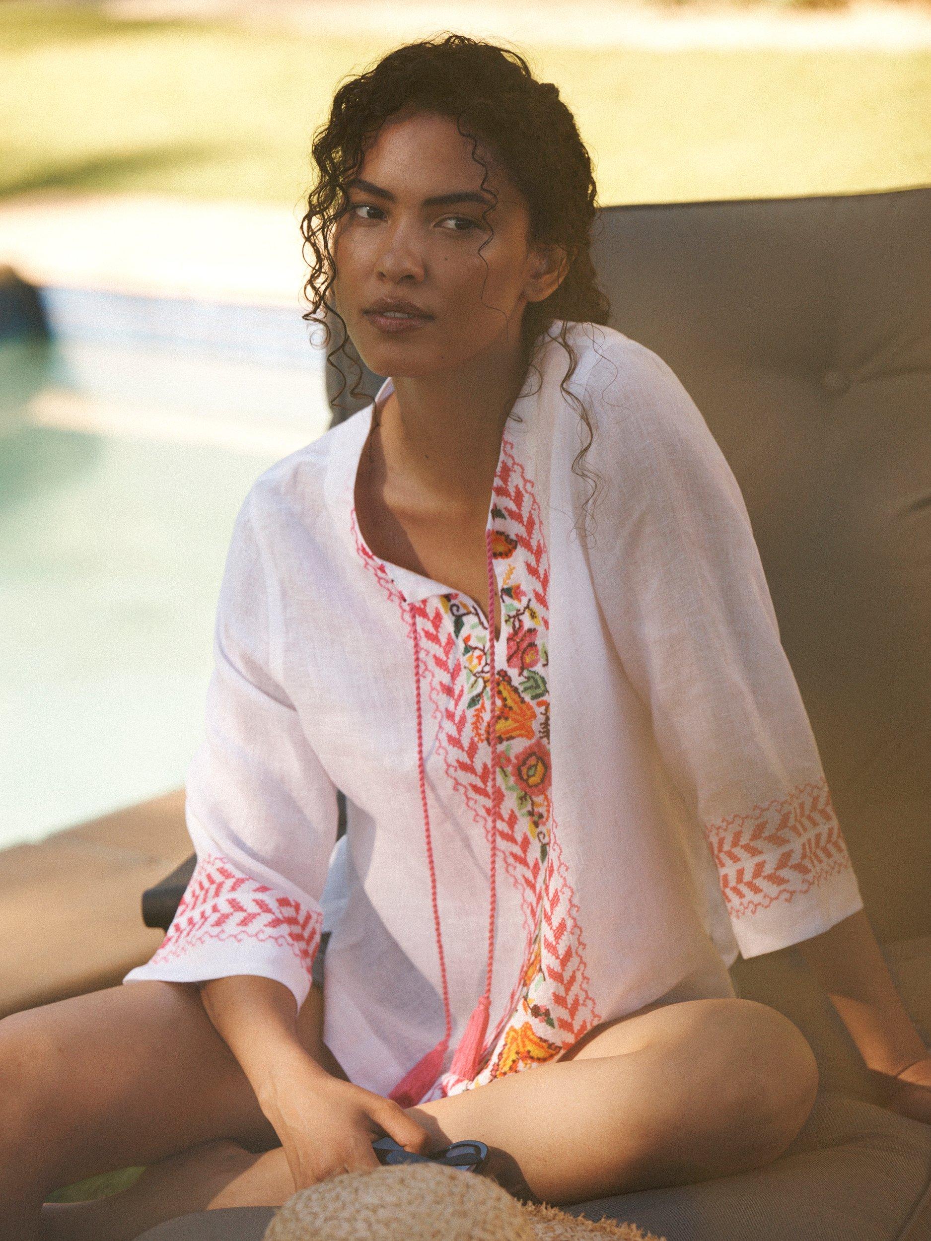 Product image 7 of 8, which shows NRBY Marcella Embroidered Linen Top, White, XS
