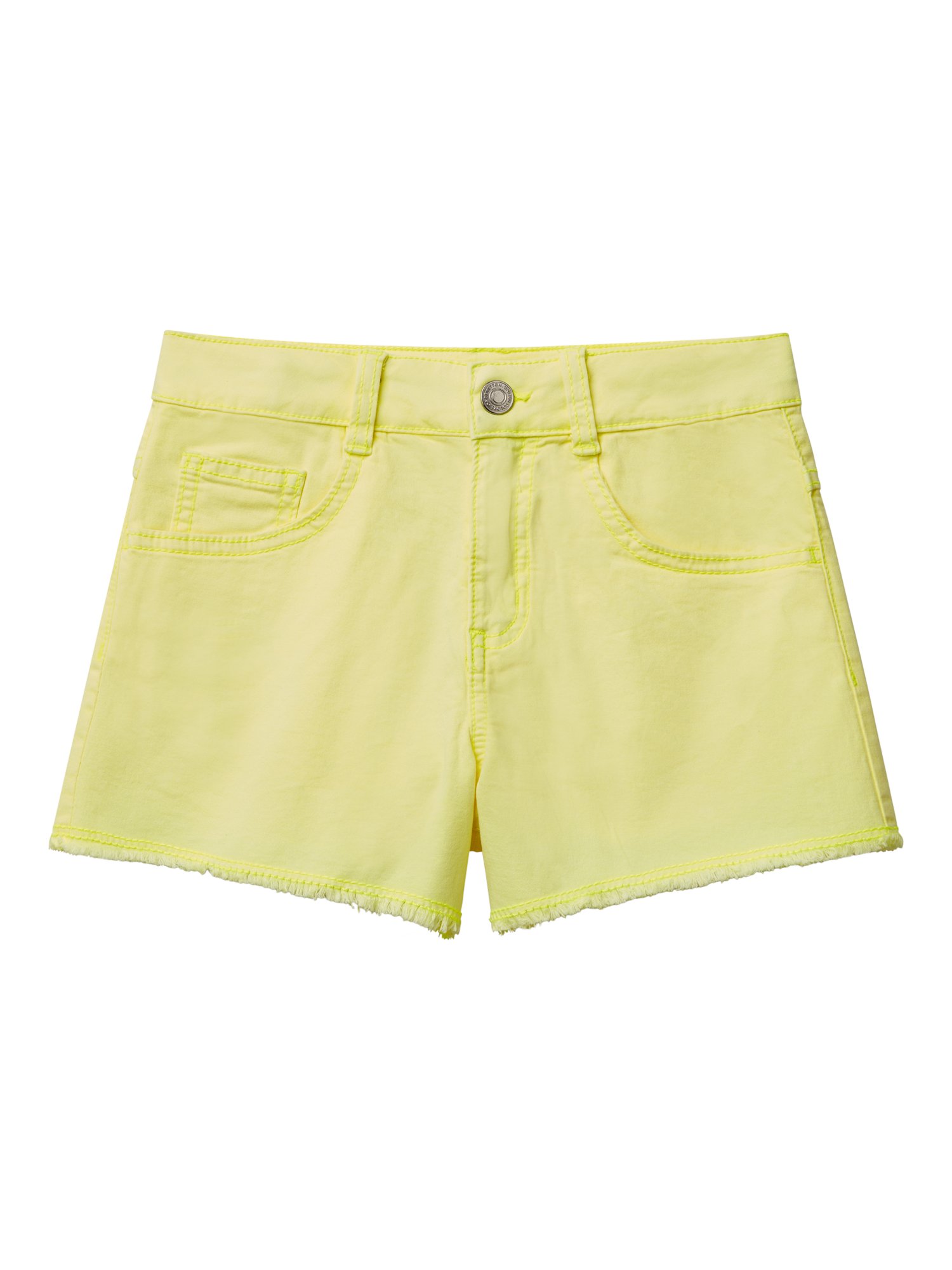 Product image 1 of 3, which shows Benetton Kids' Cotton Five Pocket Frayed Shorts, Bright Yellow, 6-7 years