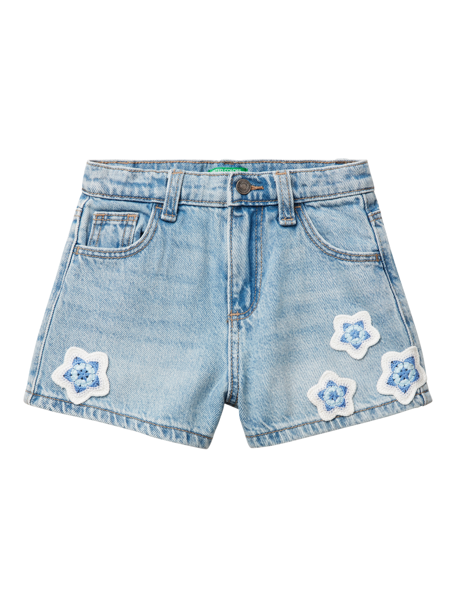 Product image 1 of 3, which shows Benetton Kids' Embroidered Five Pocket Denim Shorts, Light Blue Denim, 3-4 years