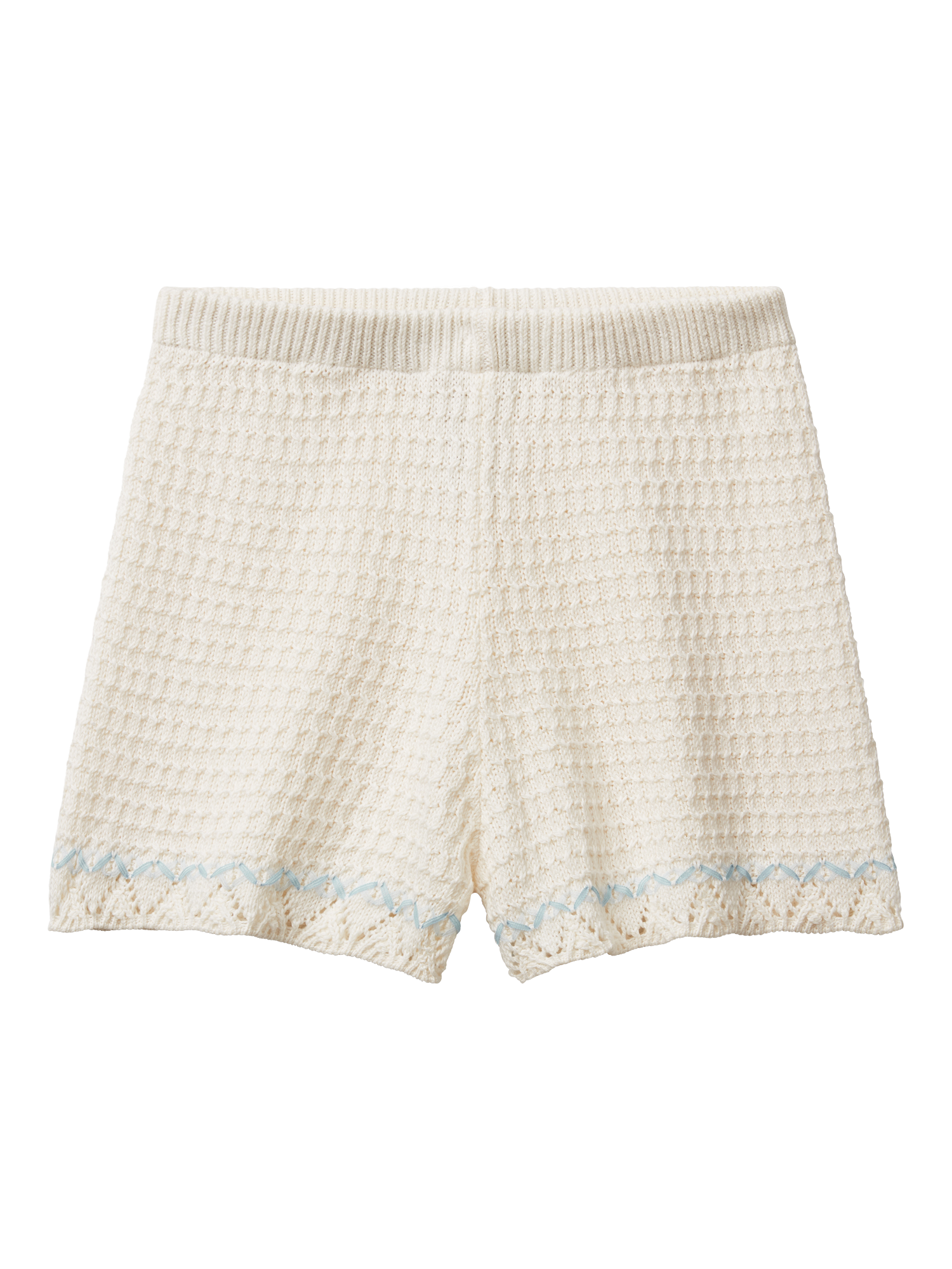 Product image 1 of 3, which shows Benetton Kids' Cotton Crochet Elasticated Shorts, Off White, 7-8 years