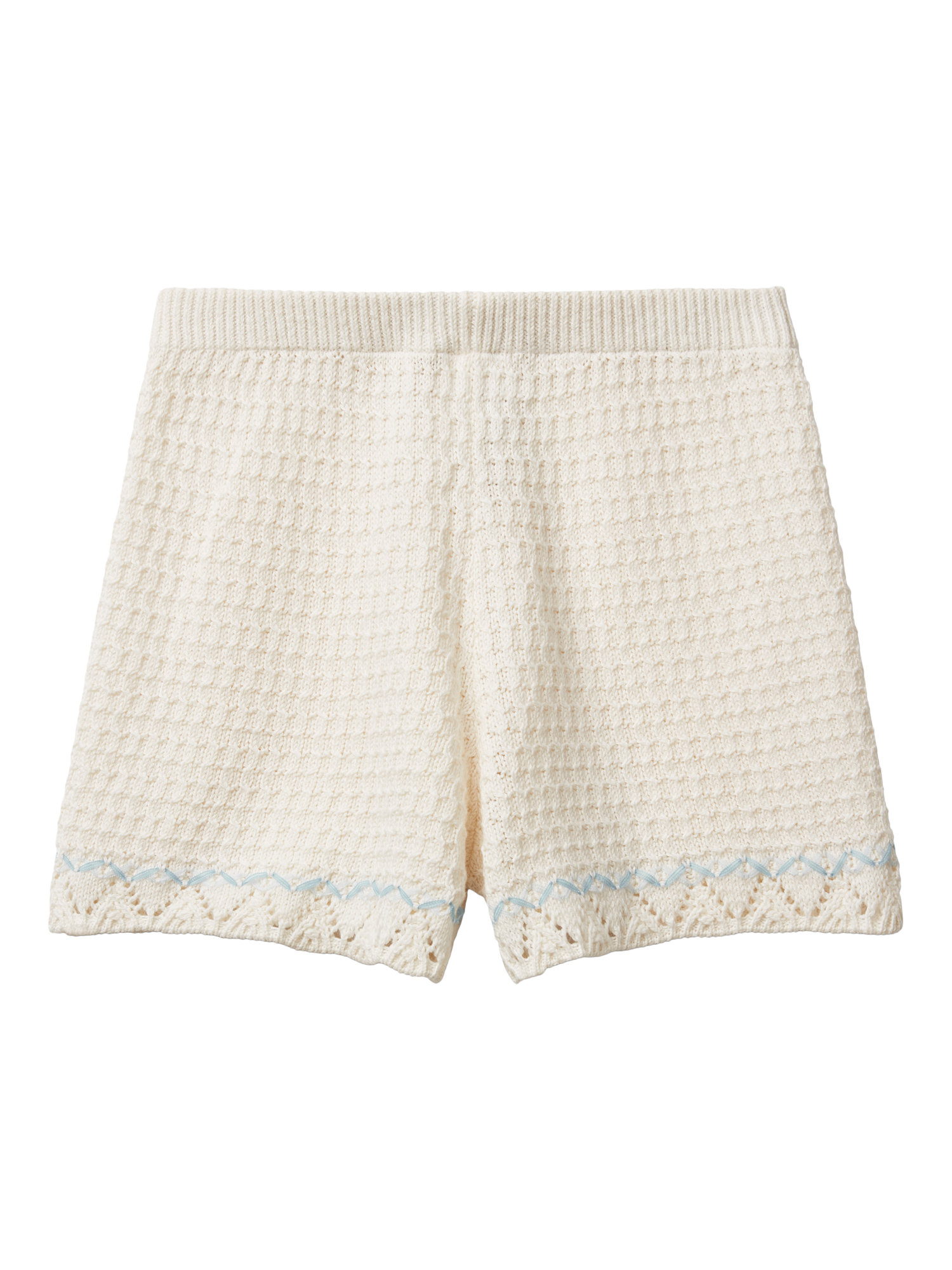 Product image 2 of 3, which shows Benetton Kids' Cotton Crochet Elasticated Shorts, Off White, 7-8 years